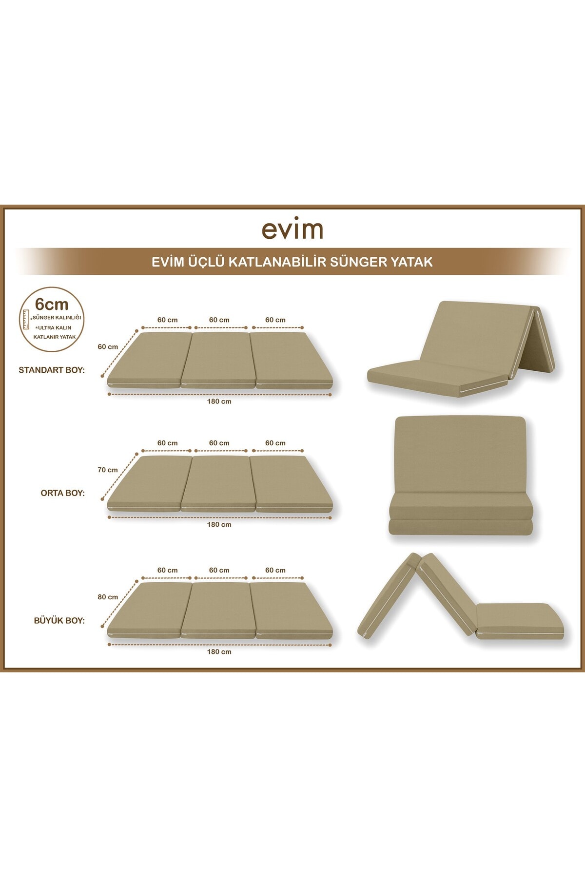 Canvas Açık Bej Fermuarlı Katlanabilir Yer Yatağı Yer Minderi 6cm