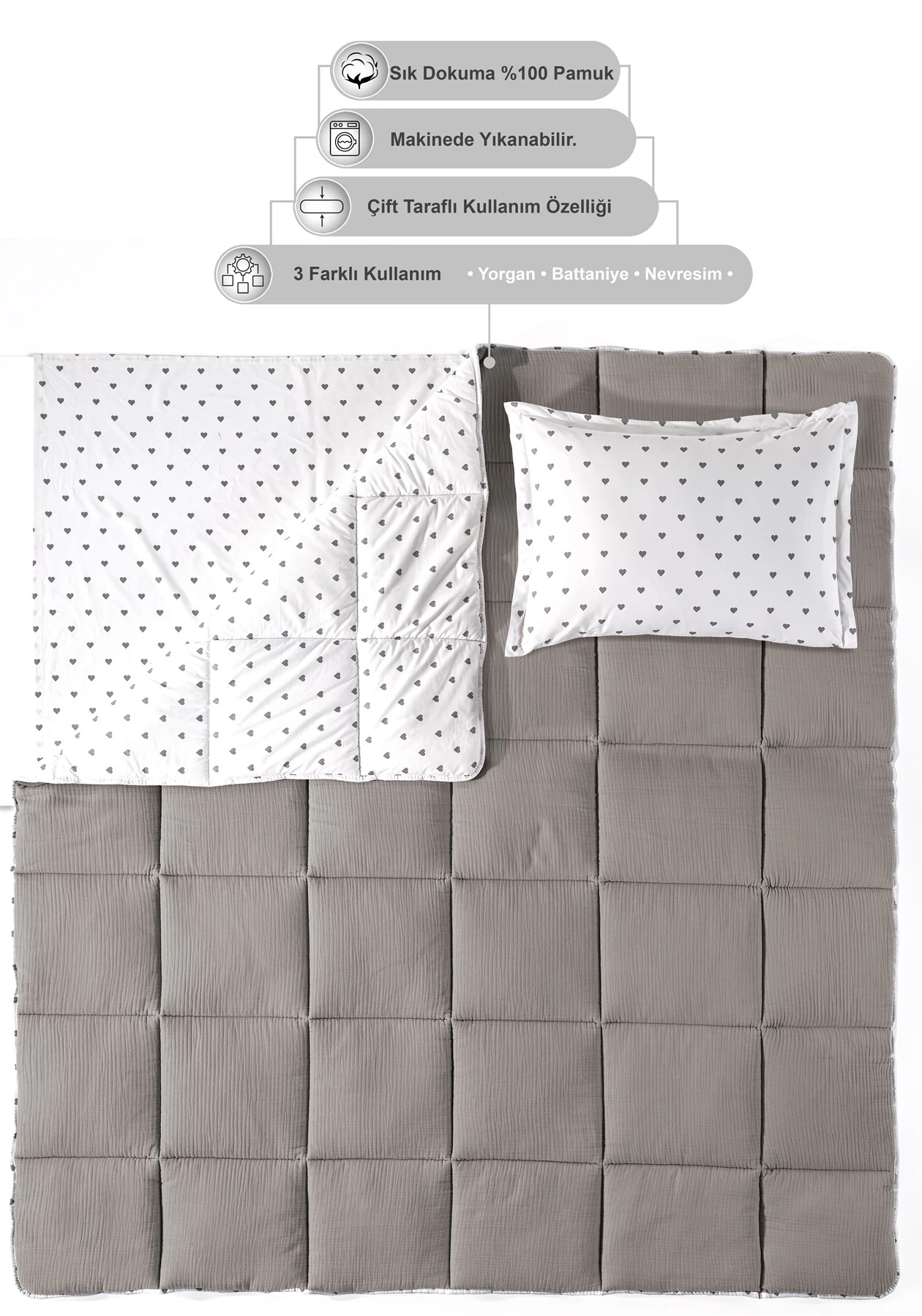 Lovely Timeless %100 Pamuk 4 Kat Müslin Comfort Uyku Seti Çift Kişilik 195x215 cm - Gri̇