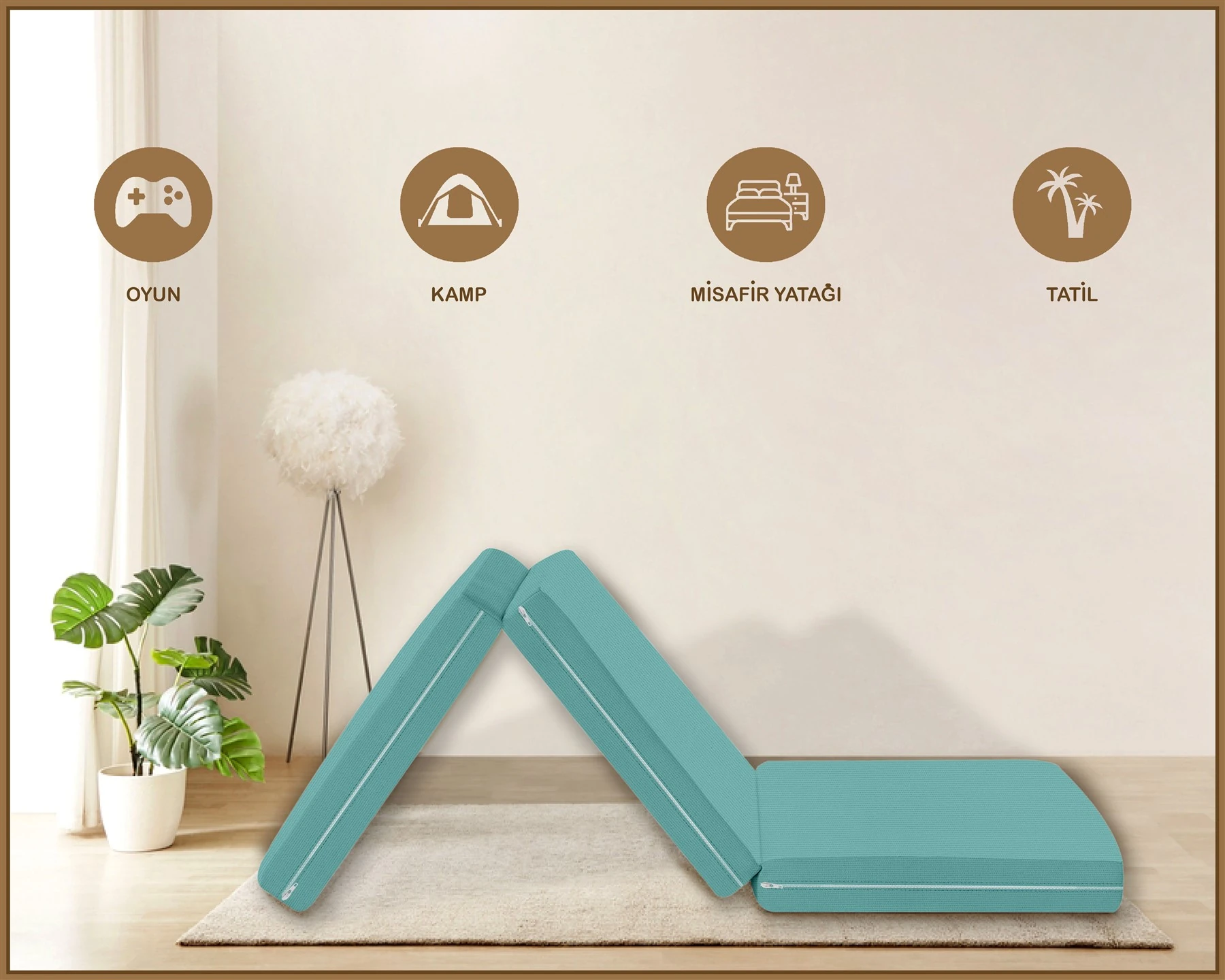Canvas  Fermuarlı Katlanabilir Yer Yatağı Yer Minderi 60x180x6cm - Turkuaz
