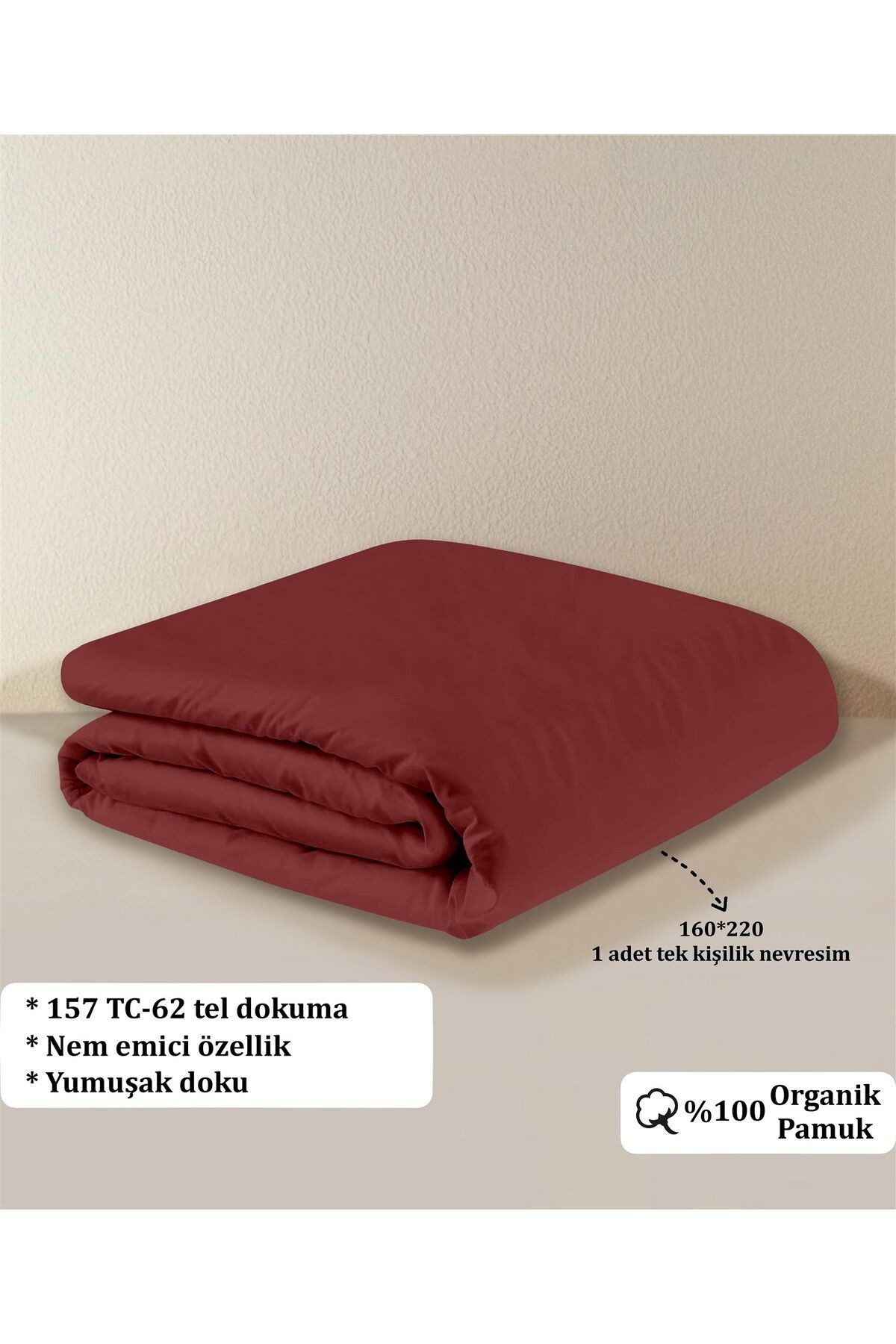 Organik Pamuk Akfil Nevresim Tek Kişilik 160x220 cm - Koyu Bordo