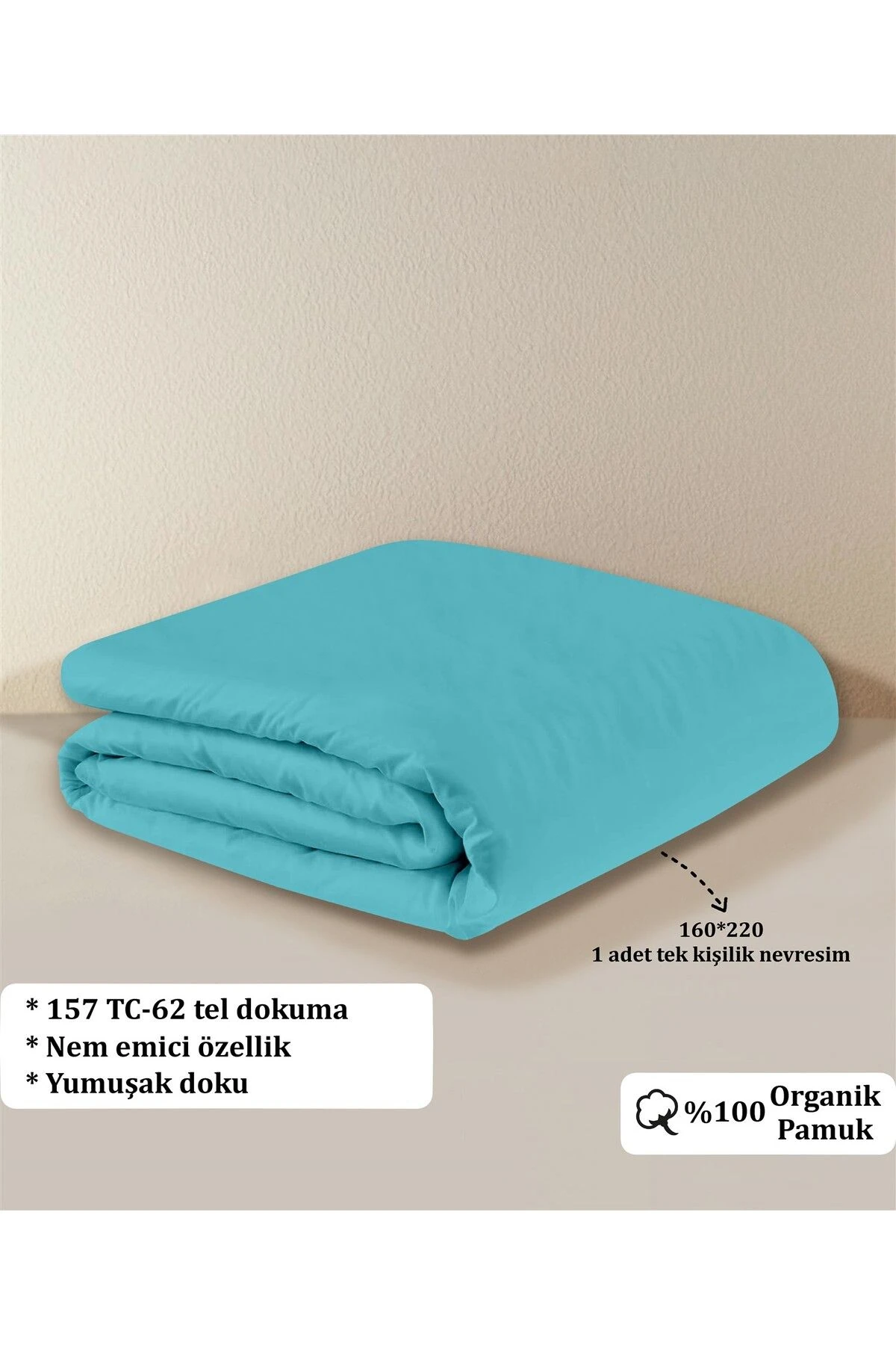 Organik Pamuk Akfil Nevresim Tek Kişilik 160x220 cm - Turkuaz