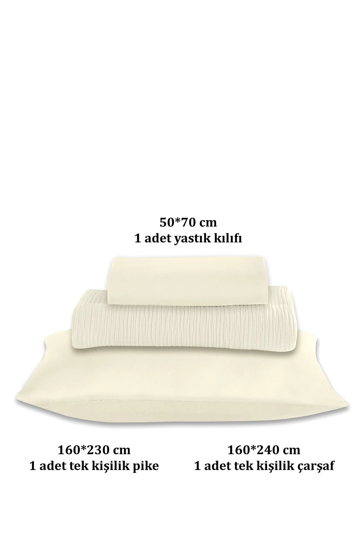 % 100 Doğal Pamuk 4 Kat Müslin Lüks Tek Kişilik Pike Takımı 160x230cm - Ekru