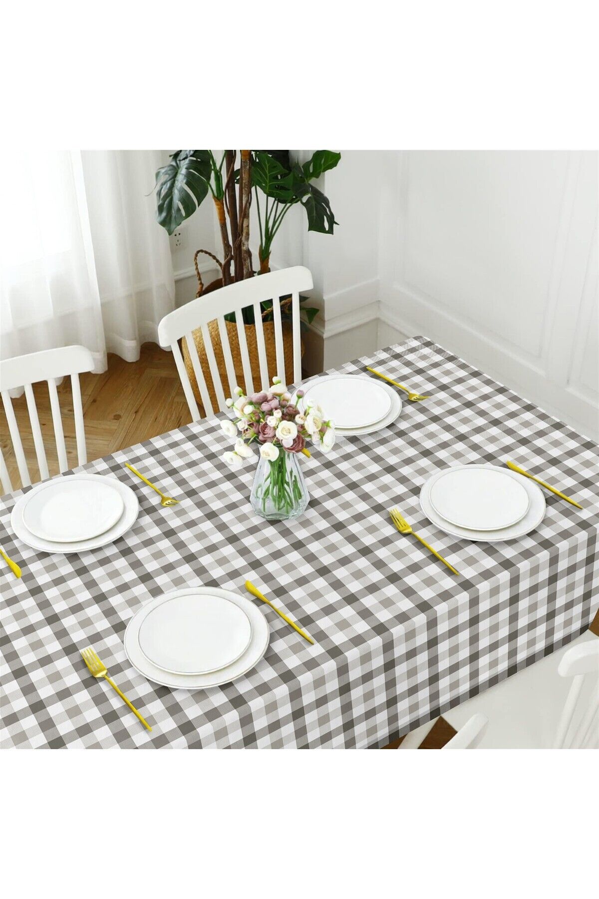 Canvas Kareli Sıvı Geçirmez Leke Tutmaz Masa Örtüsü