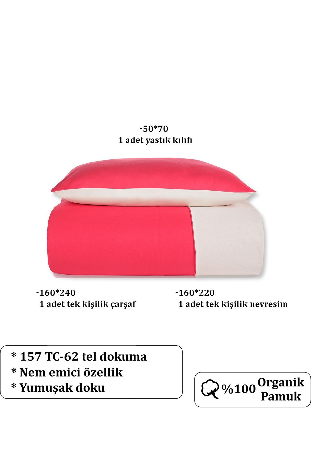 Organik Pamuk Akfil Çift Taraflı Nevresim Takımı Tek Kişilik 160x220 cm  - Kırmızı-Krem