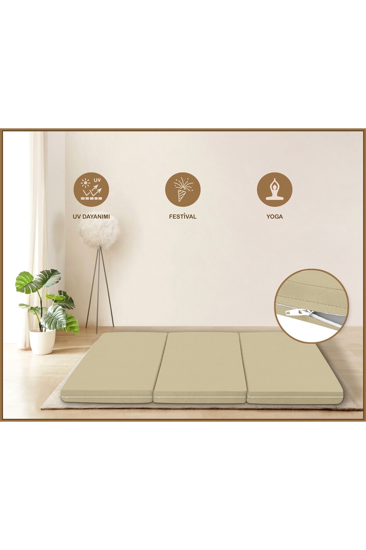 Canvas Açık Bej Fermuarlı Katlanabilir Yer Yatağı Yer Minderi 8cm