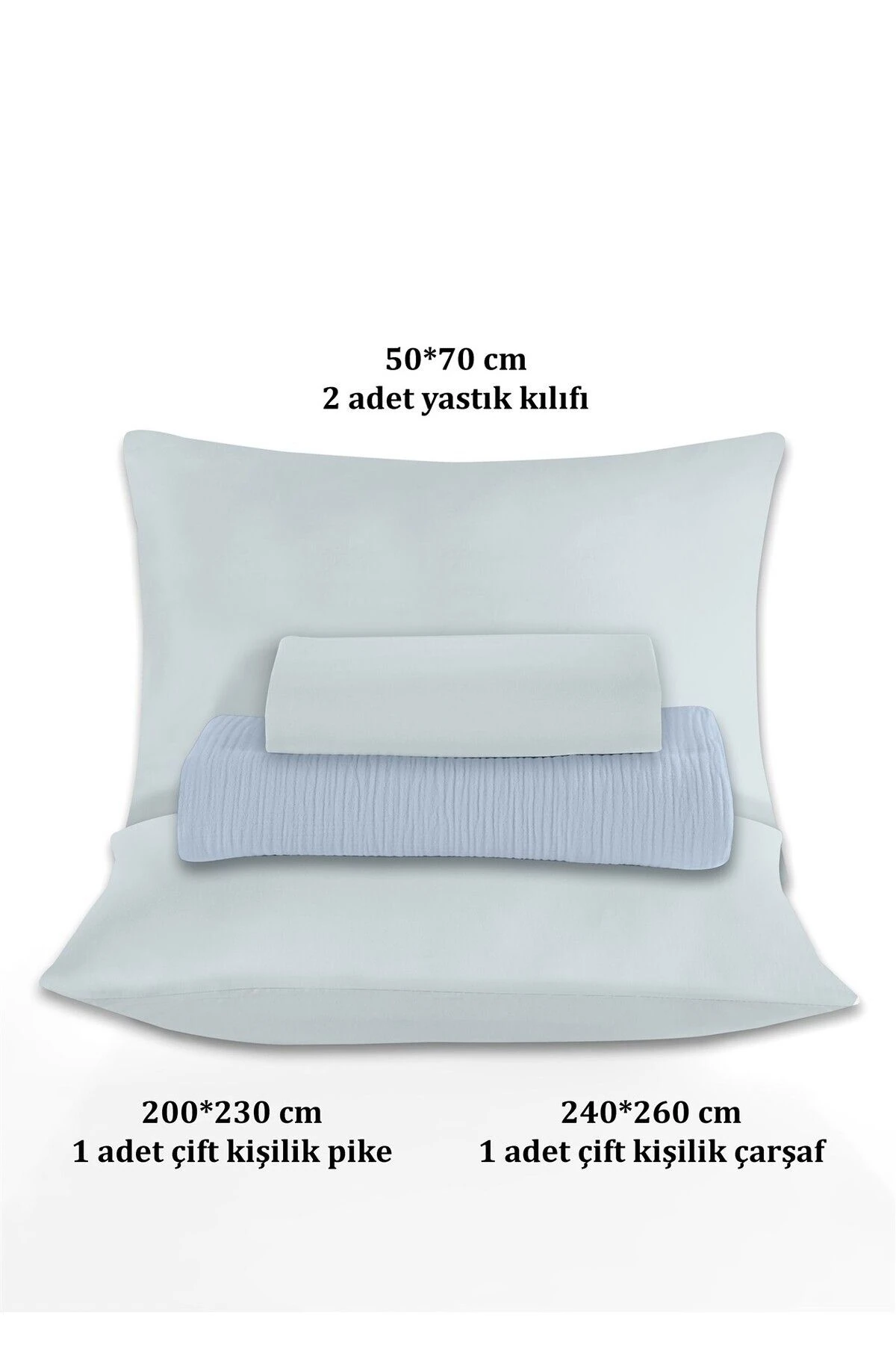 % 100 Doğal Pamuk 4 Kat Müslin Lüks Çift Kişilik Pike Takımı  200x230cm - Açık Mavi̇