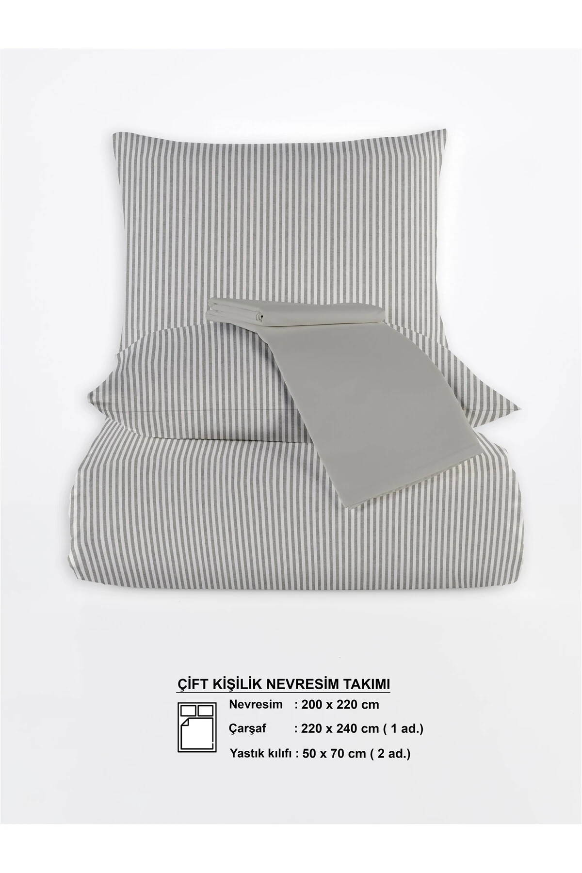 Striped %100 Pamuk Ranforce Yezra Ipliği Boyalı Nevresim Takımı Çift Kişilik - 200x220 Cm - Haki̇