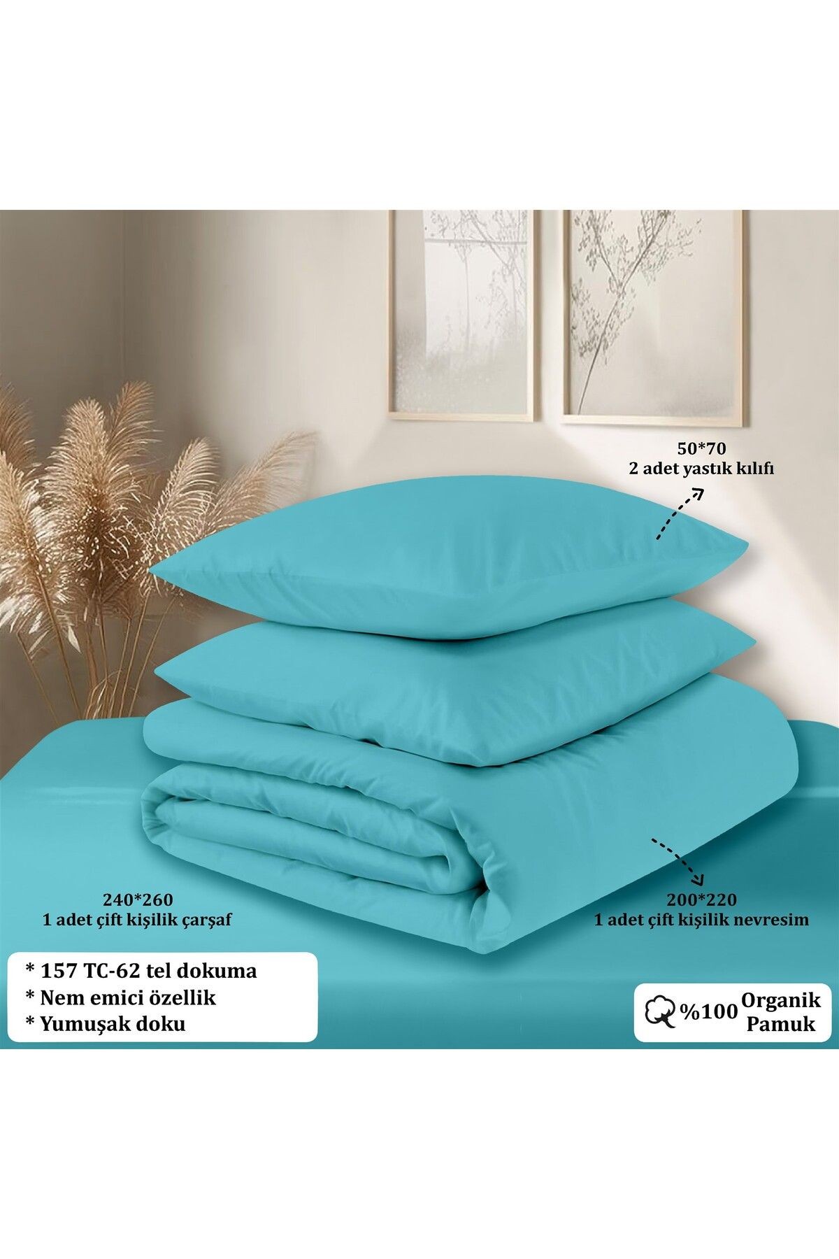 Organik Pamuk Akfil Nevresim Takımı Çift Kişilik 200x220 cm - Turkuaz