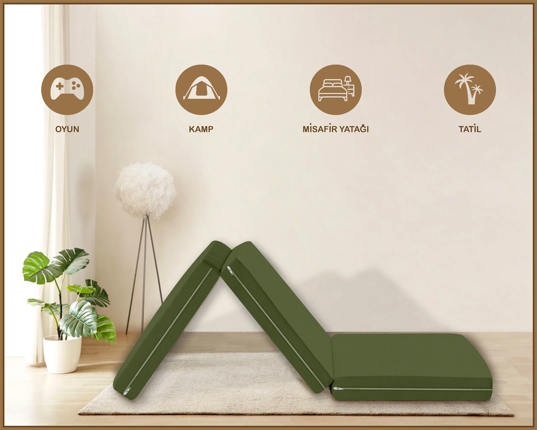 Canvas  Fermuarlı Katlanabilir Yer Yatağı Yer Minderi 60x180x6cm - Koyu Haki̇