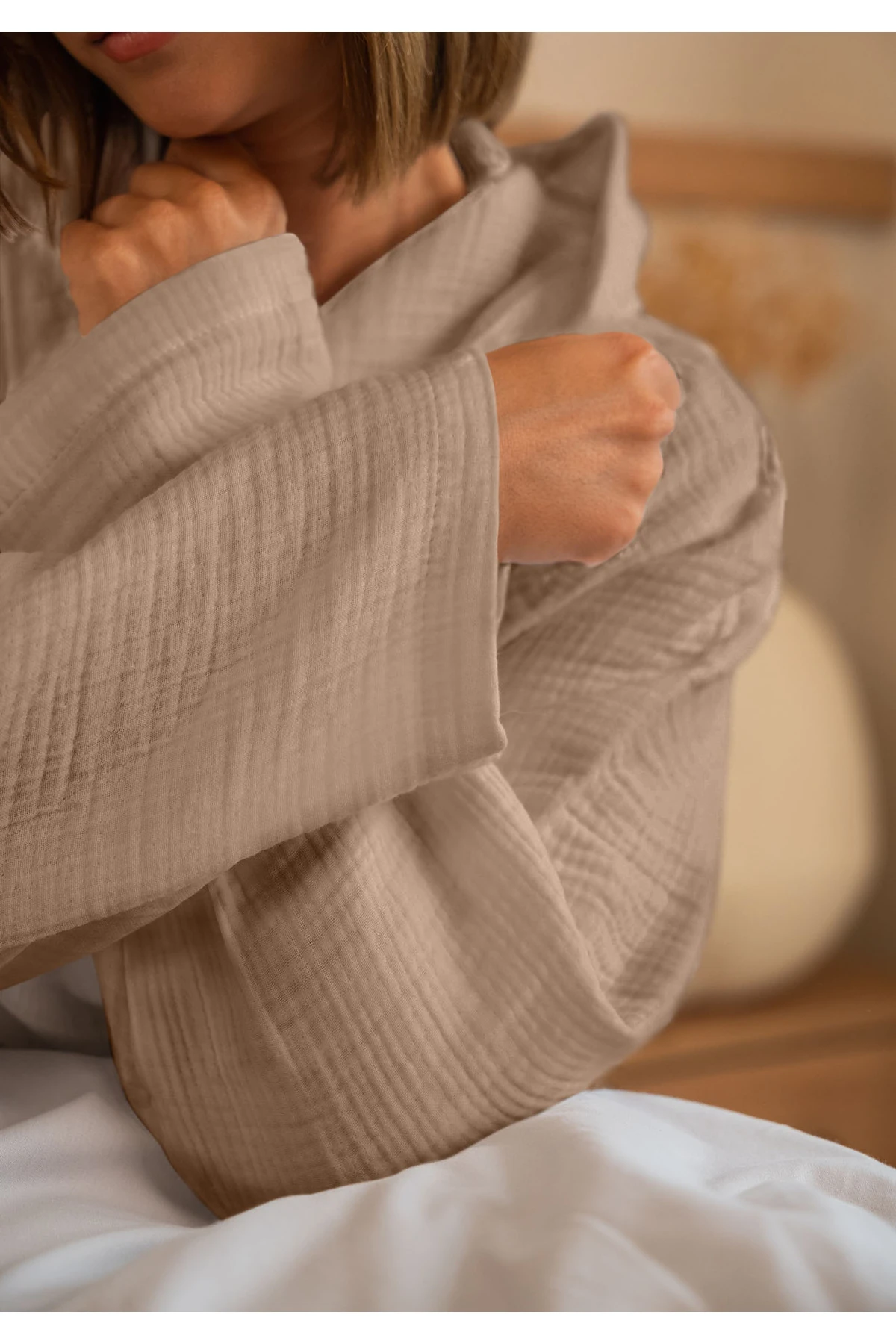 % 100 Pamuk 4 Kat Müslin Ünisex Kapşonlu Bornoz S/M - koyu bej