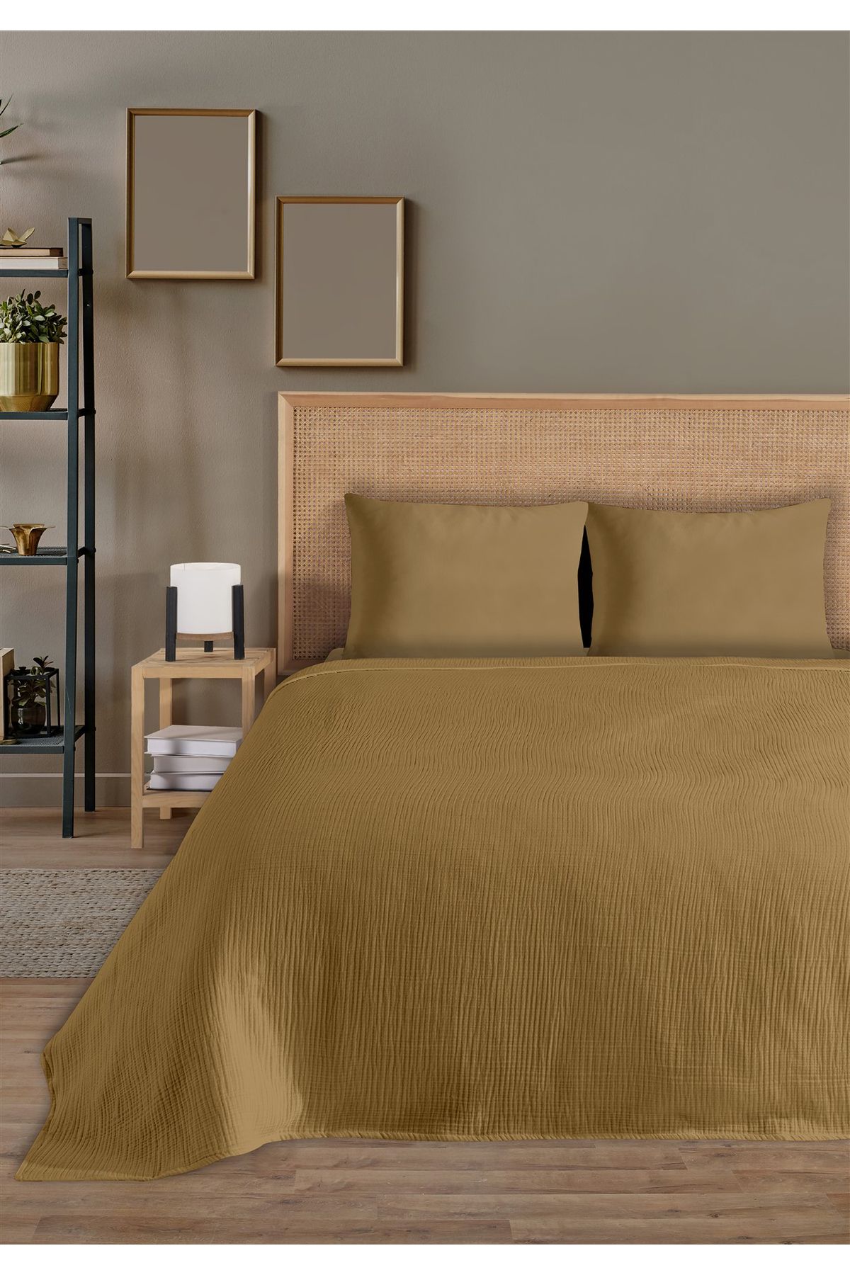 % 100 Doğal Pamuk 4 Kat Müslin Lüks Çift Kişilik Pike Takımı  200x230cm - Hardal