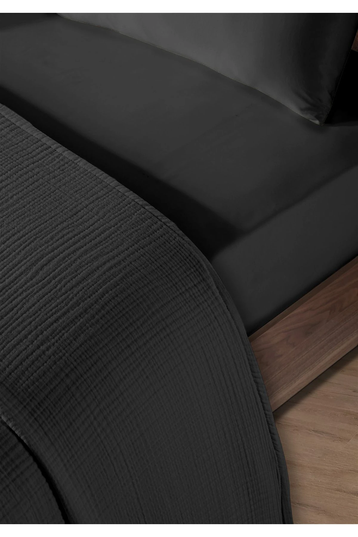 % 100 Doğal Pamuk 4 Kat Müslin Lüks Çift Kişilik Pike Takımı  200x230cm - Si̇yah