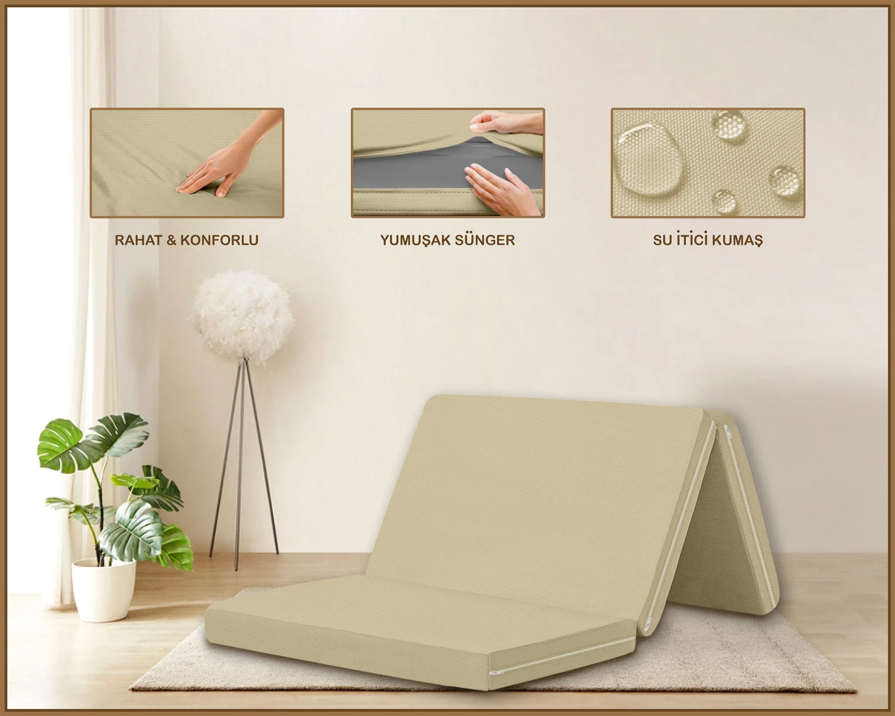 Canvas  Fermuarlı Katlanabilir Yer Yatağı Yer Minderi 60x180x6cm - Açik bej