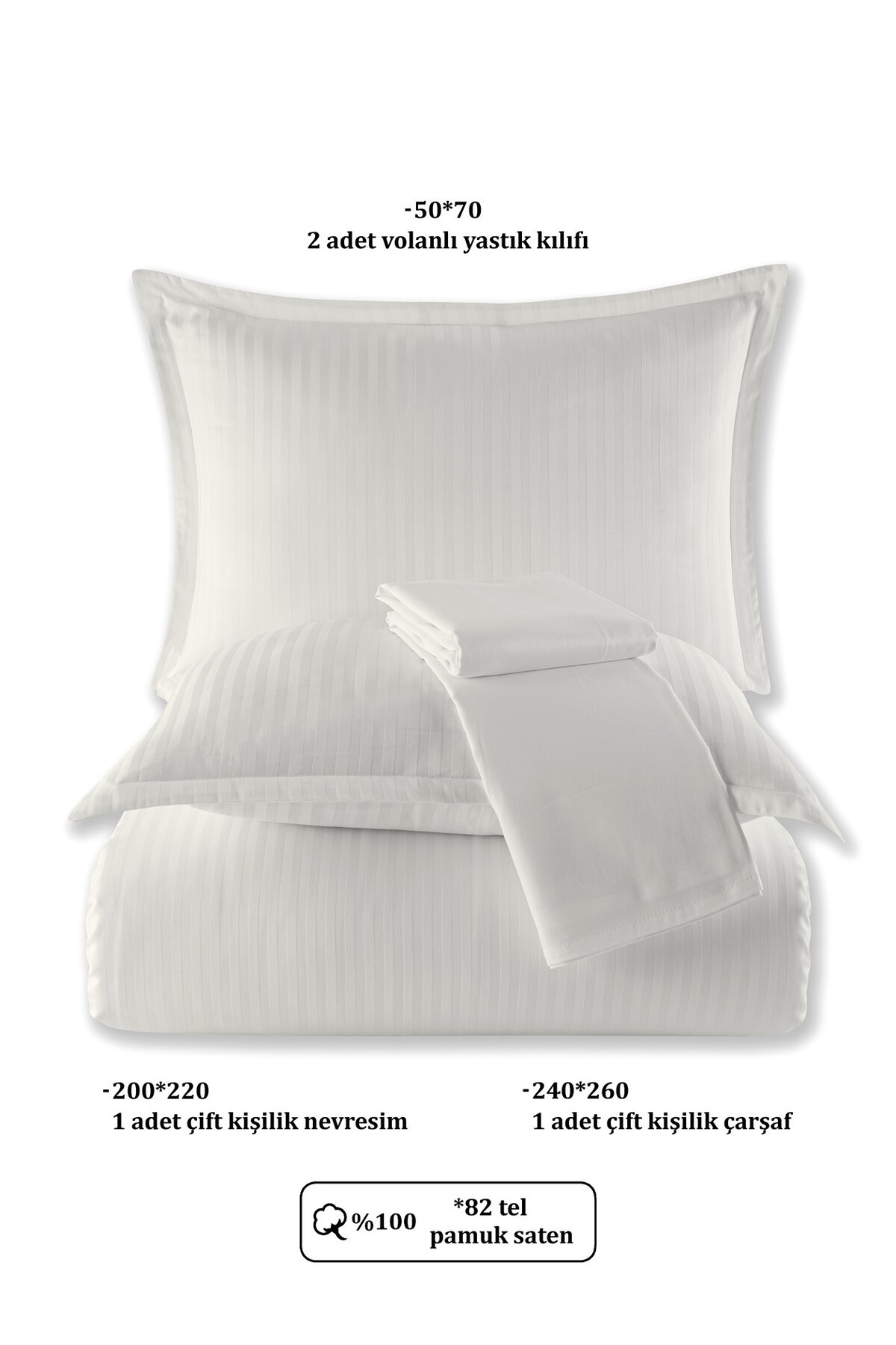 %100 Pamuk Saten Dik Çizgi Volanlı Çift Kişilik Nevresim Takımı  200x220 cm