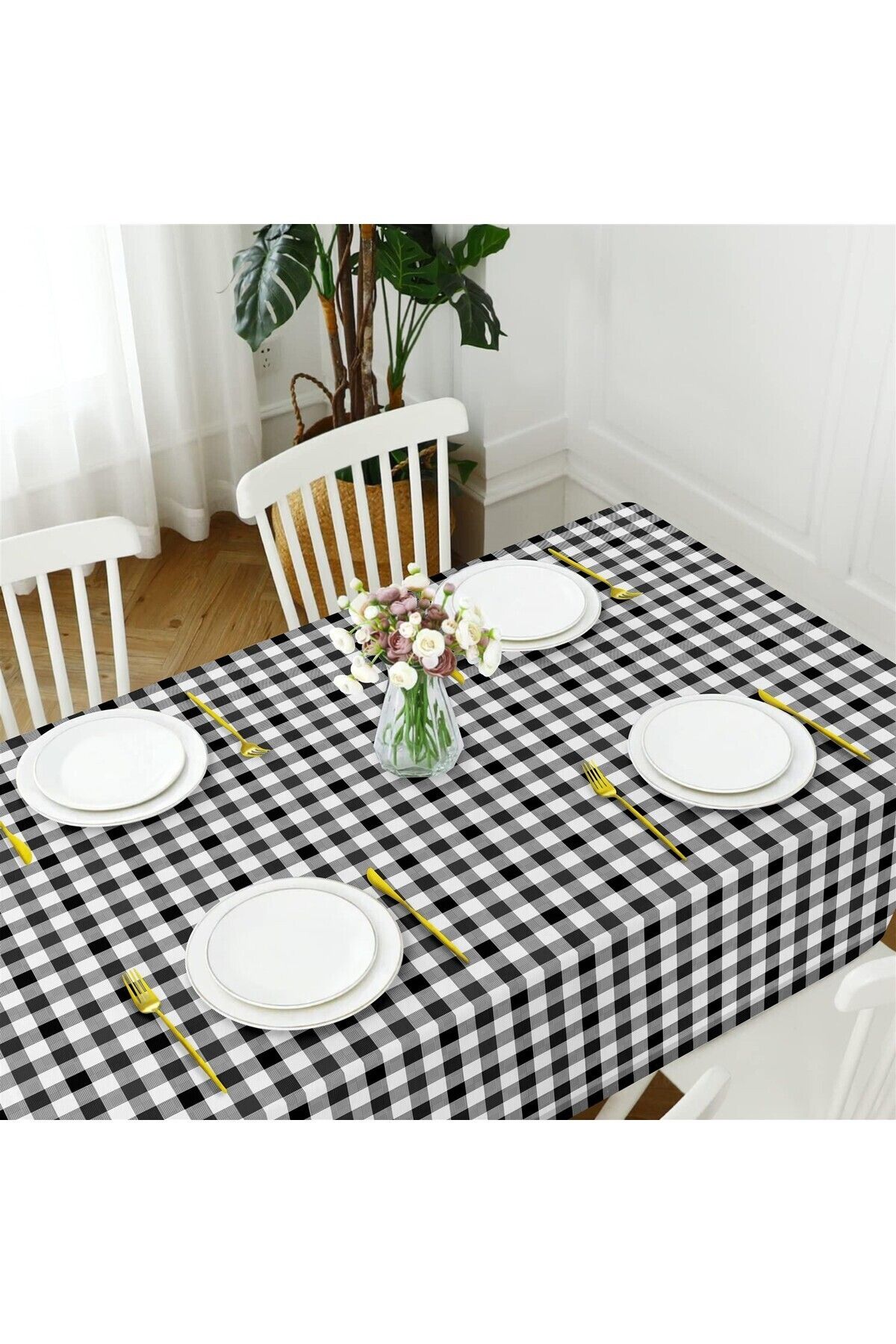 Canvas Kareli Sıvı Geçirmez Leke Tutmaz Masa Örtüsü
