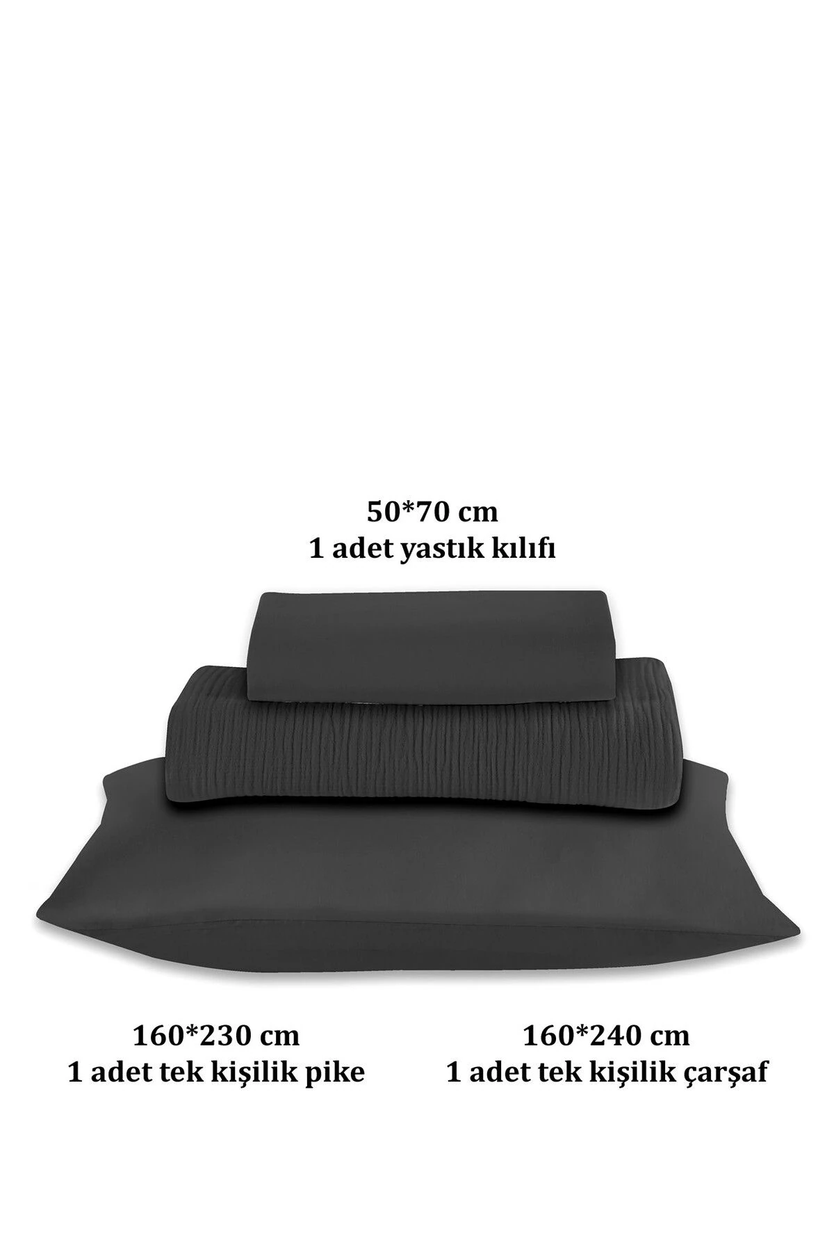 % 100 Doğal Pamuk 4 Kat Müslin Lüks Tek Kişilik Pike Takımı 160x230cm - Si̇yah