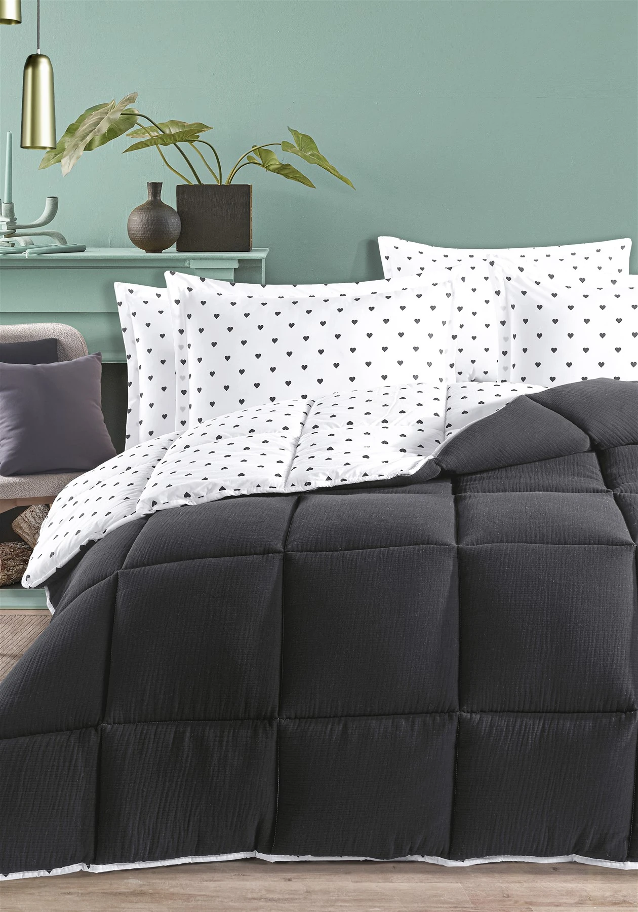 Lovely Timeless %100 Pamuk 4 Kat Müslin Comfort Uyku Seti Çift Kişilik 195x215 cm - Si̇yah