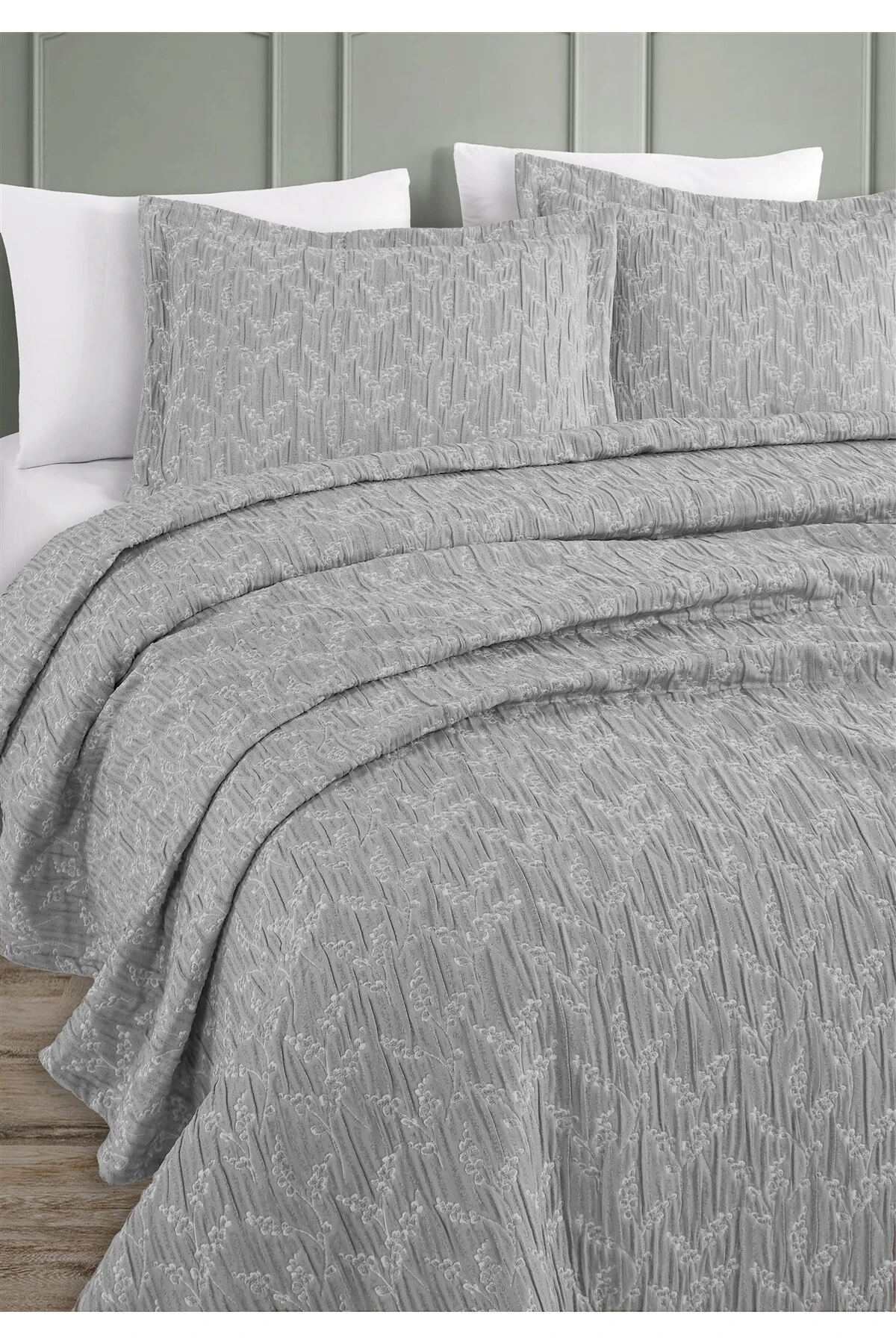 Dolgulu Jakarlı Yatak Örtüsü Seti Çift Kişilik Bej 230x240 cm - fayne gri̇