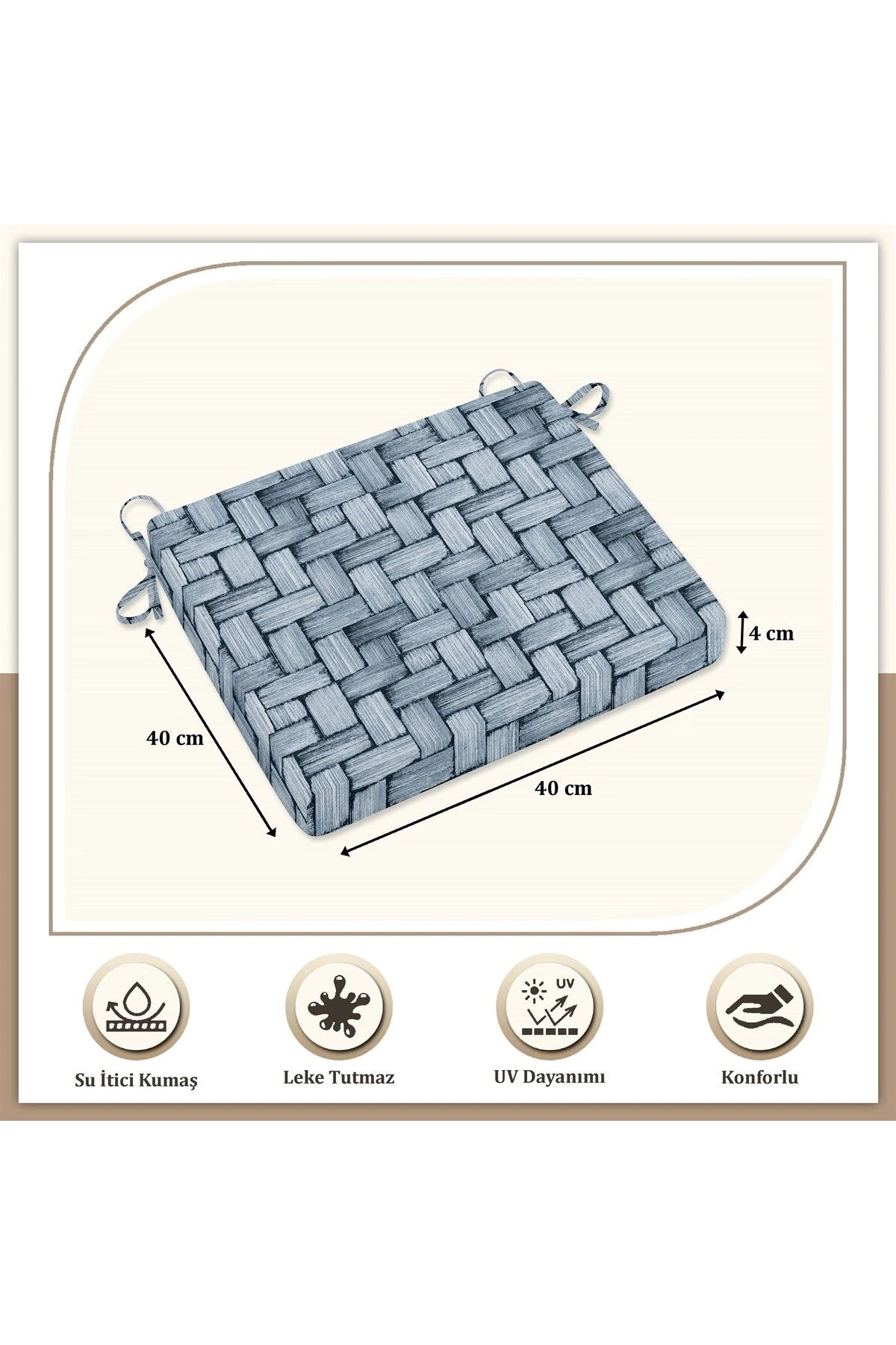 6'lı Wicker Sıvı Geçirmez Leke Tutmaz Fermuarlı Bağcıklı Sandalye Minderi 40 X 40 Cm