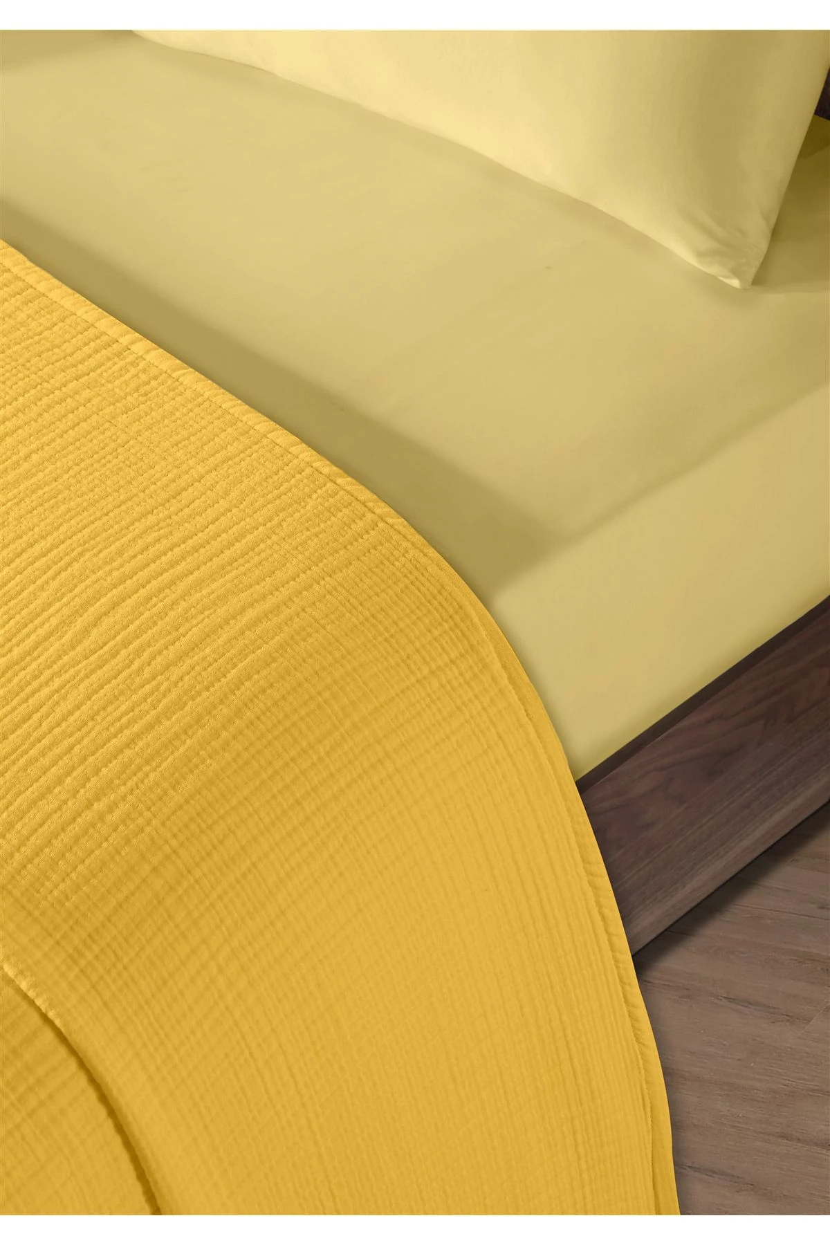 % 100 Doğal Pamuk 4 Kat Müslin Lüks Tek Kişilik Pike Takımı 160x230cm - sari