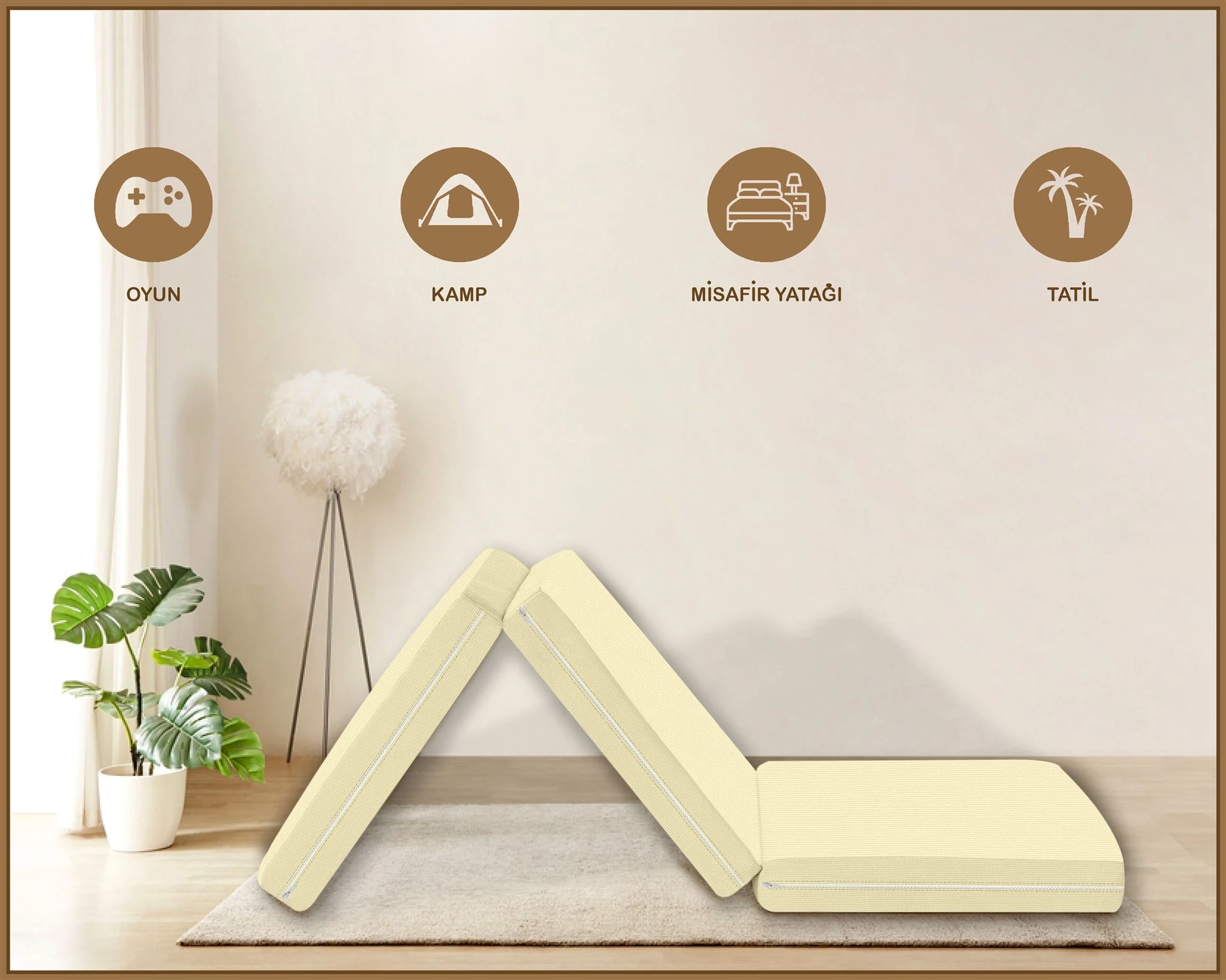 Canvas  Fermuarlı Katlanabilir Yer Yatağı Yer Minderi 60x180x6cm - Ekru