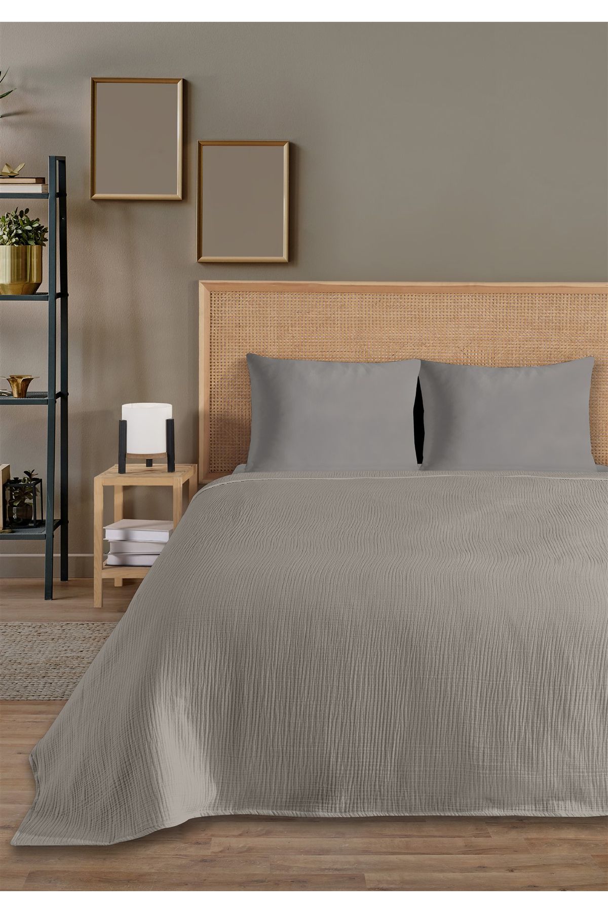 % 100 Doğal Pamuk 4 Kat Müslin Lüks Çift Kişilik Pike Takımı  200x230cm - Açik Gri̇