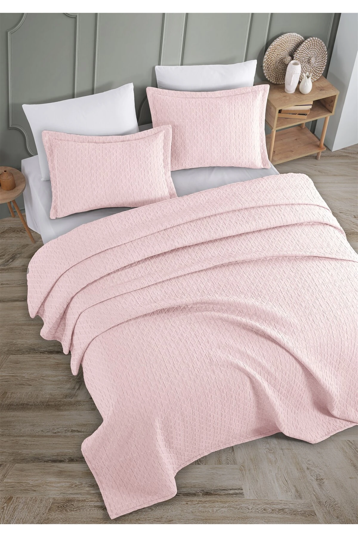 Dolgulu Jakarlı Yatak Örtüsü Seti Çift Kişilik Bej 230x240 cm - eci̇pse pudra