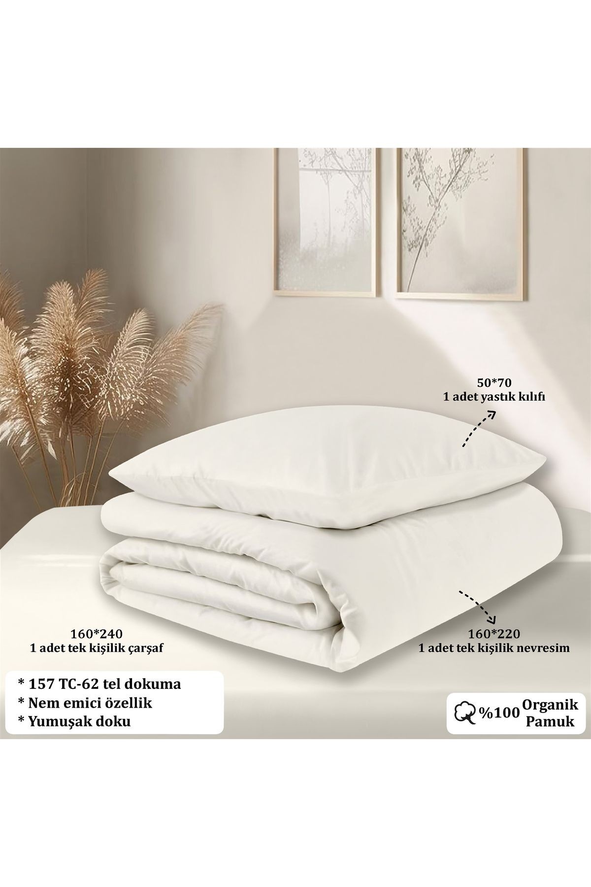 Organik Pamuk Akfil Nevresim Takımı  Tek Kişilik 160x220 cm - Kırık Beyaz