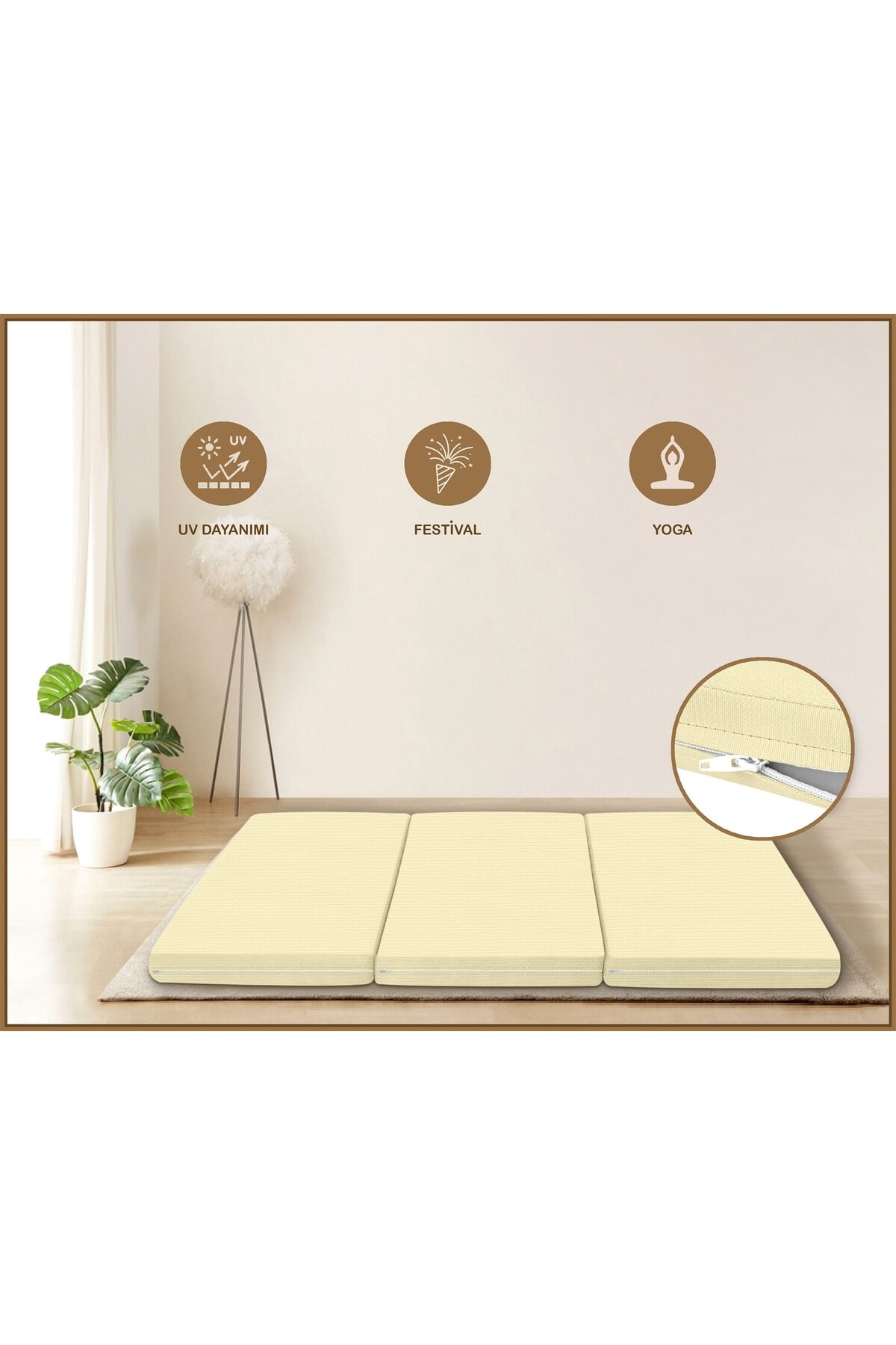 Canvas Ekru Fermuarlı Katlanabilir Yer Yatağı Yer Minderi 6cm