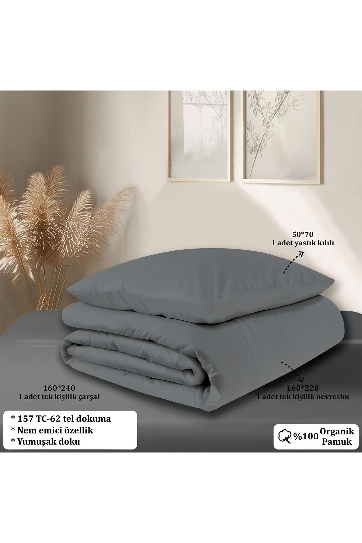 Organik Pamuk Akfil Nevresim Takımı  Tek Kişilik 160x220 cm - Koyu Gri̇