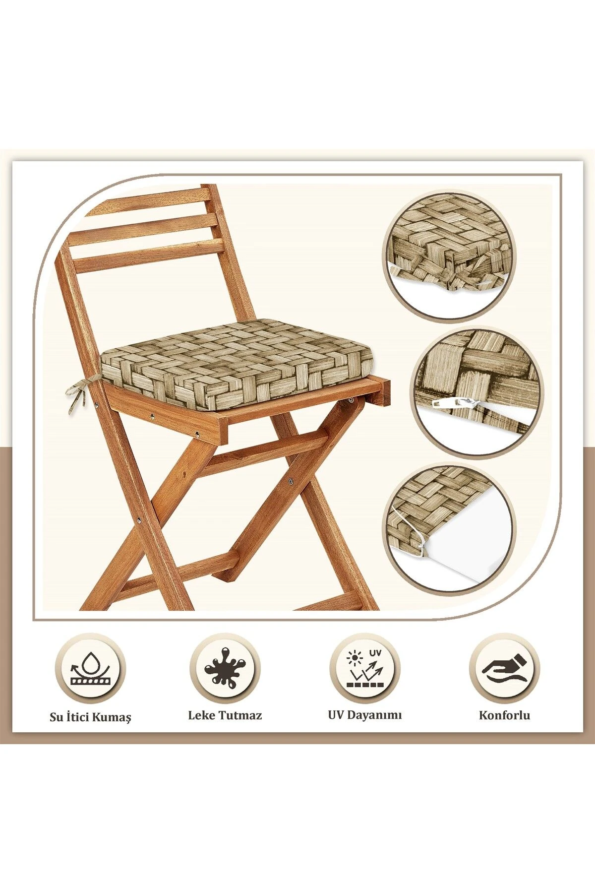 Canvas Tekli Wicker Sıvı Geçirmez Leke Tutmaz Fermuarlı Bağcıklı Sandalye Minderi 40 x 40 cm