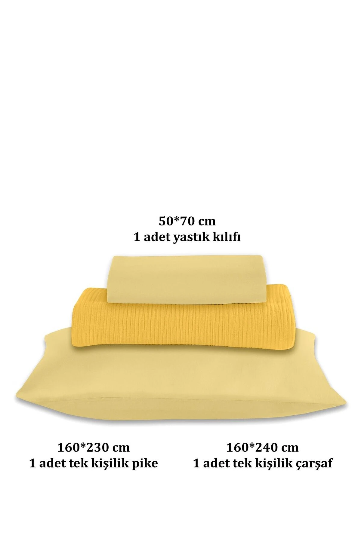 % 100 Doğal Pamuk 4 Kat Müslin Lüks Tek Kişilik Pike Takımı 160x230cm - sari