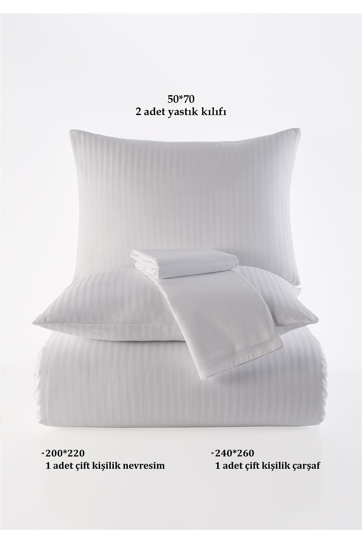 %100 Pamuk Saten Dik Çizgi Volansız Çift Kişilik Nevresim Takımı Beyaz 200x220 cm