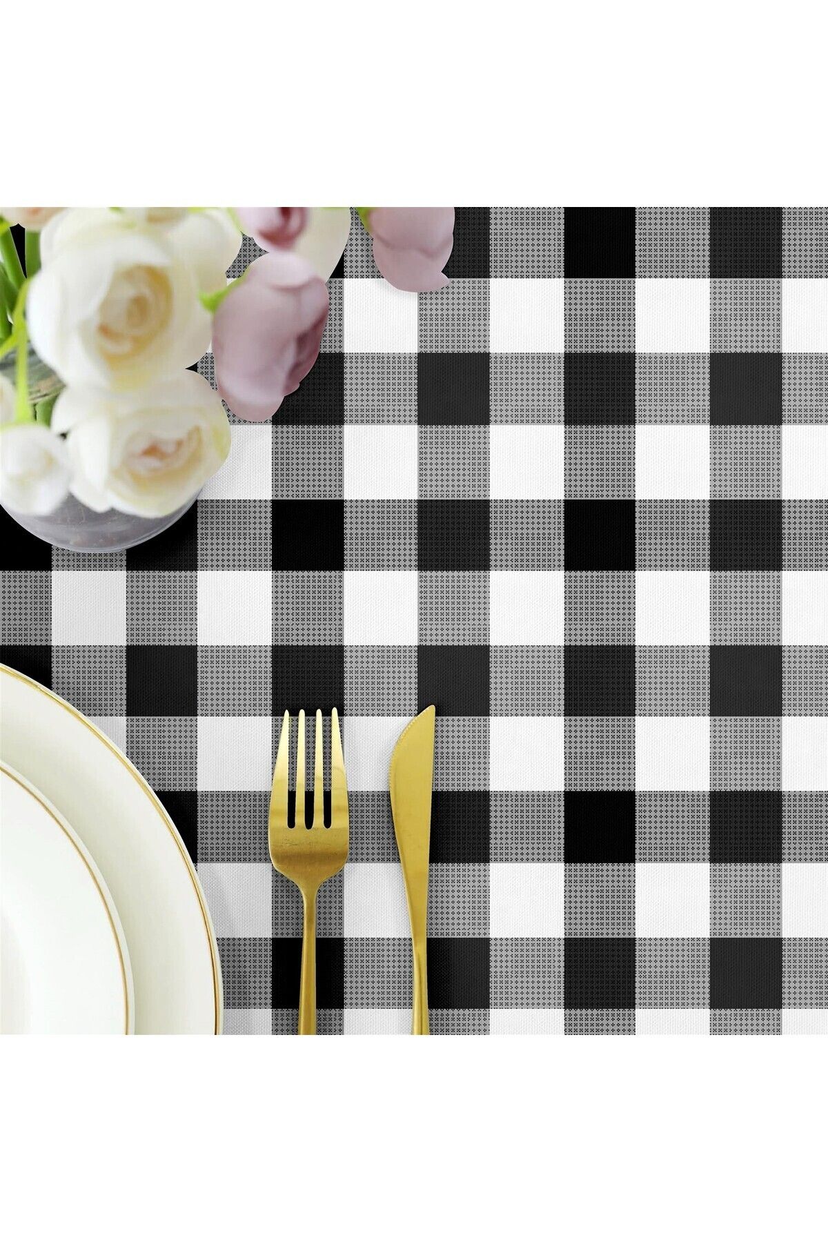 Canvas Kareli Sıvı Geçirmez Leke Tutmaz Masa Örtüsü