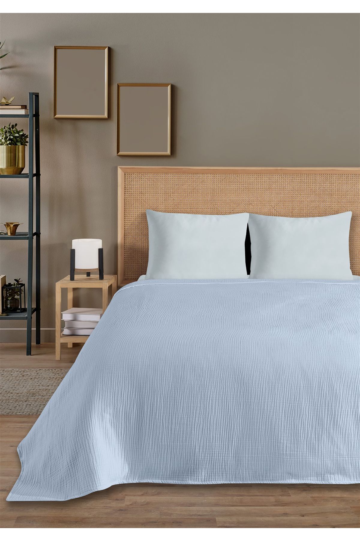 % 100 Doğal Pamuk 4 Kat Müslin Lüks Çift Kişilik Pike Takımı  200x230cm - Açık Mavi̇