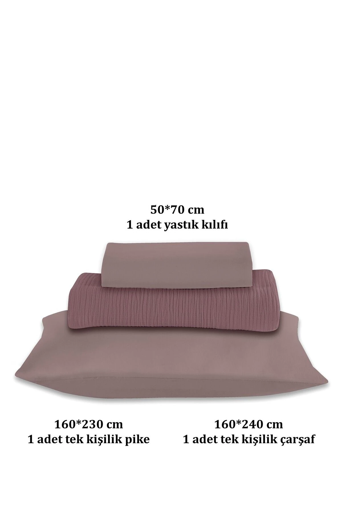 % 100 Doğal Pamuk 4 Kat Müslin Lüks Tek Kişilik Pike Takımı 160x230cm - Gül Kurusu