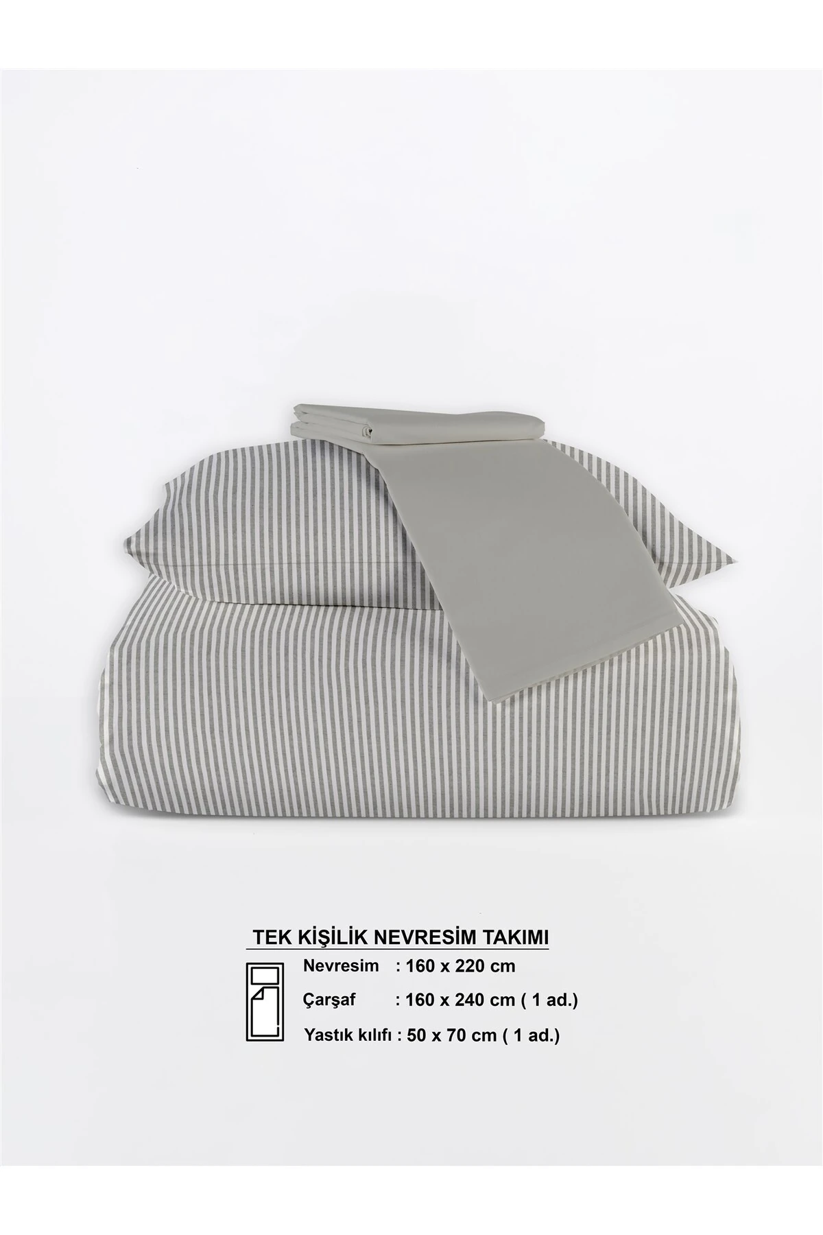 Striped %100 Pamuk Ranforce Yezra Ipliği Boyalı Nevresim Takımı Tek Kişilik - 160x220 cm - Haki̇