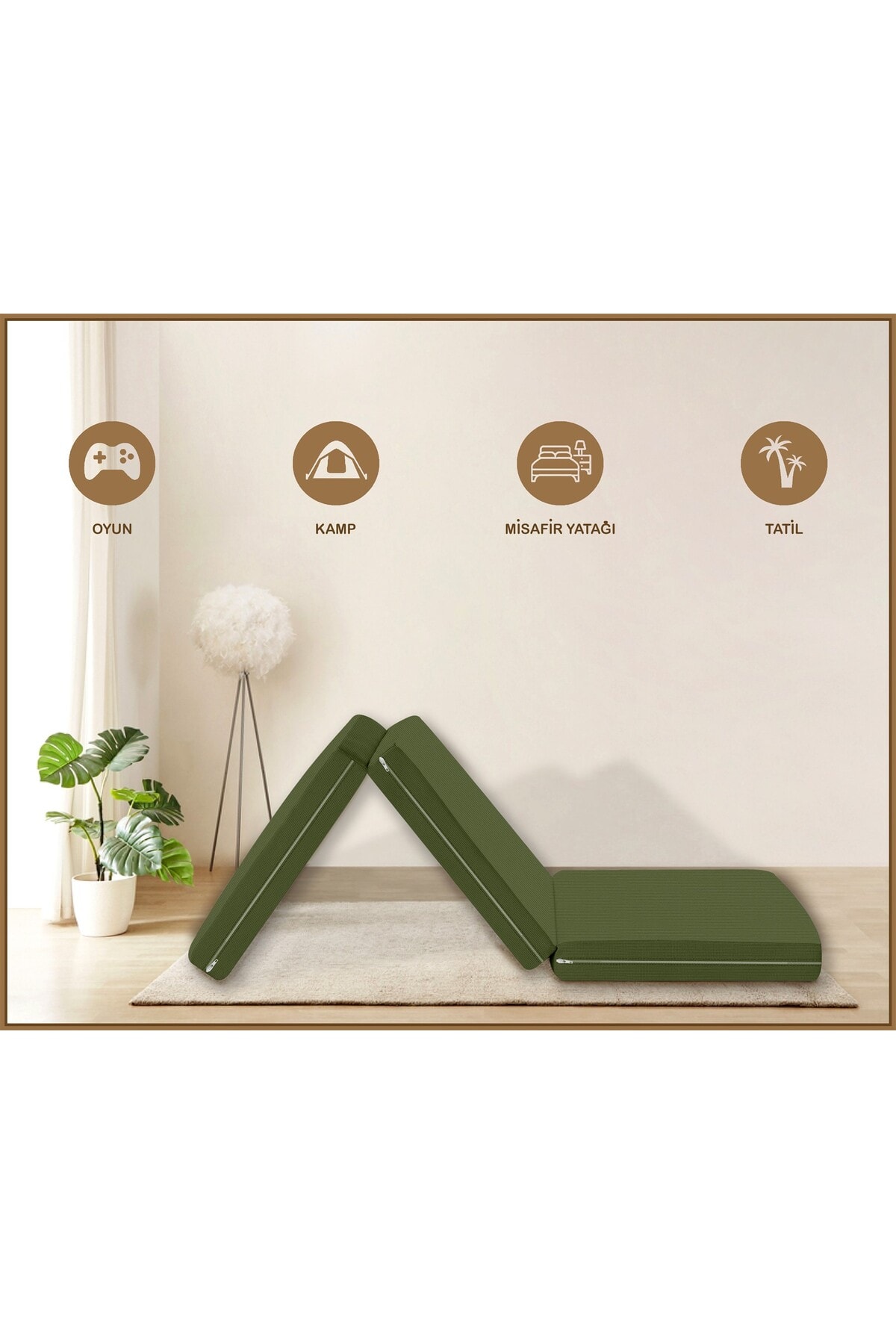 Canvas Açık Bej Fermuarlı Katlanabilir Yer Yatağı Yer Minderi 6cm
