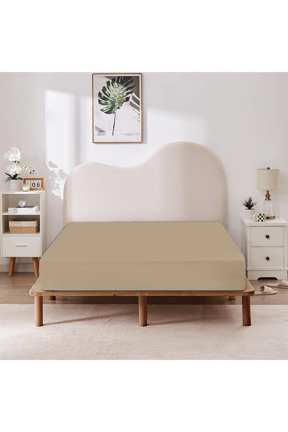 %100 Pamuk Penye Lastikli Çarşaf - Bej