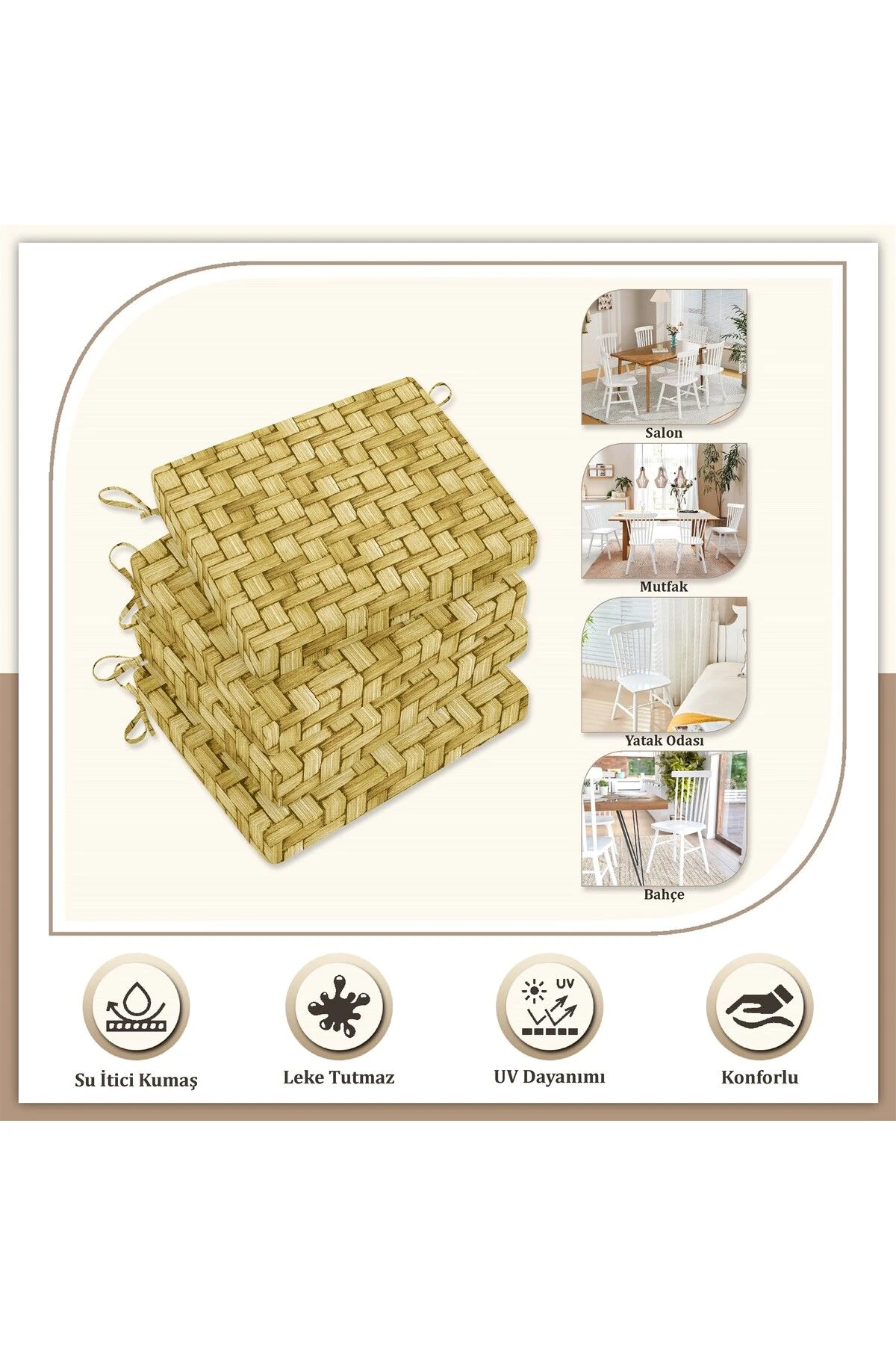 Canvas 2'li Wicker Sıvı Geçirmez Leke Tutmaz Fermuarlı Bağcıklı Sandalye Minderi 40 X 40 Cm