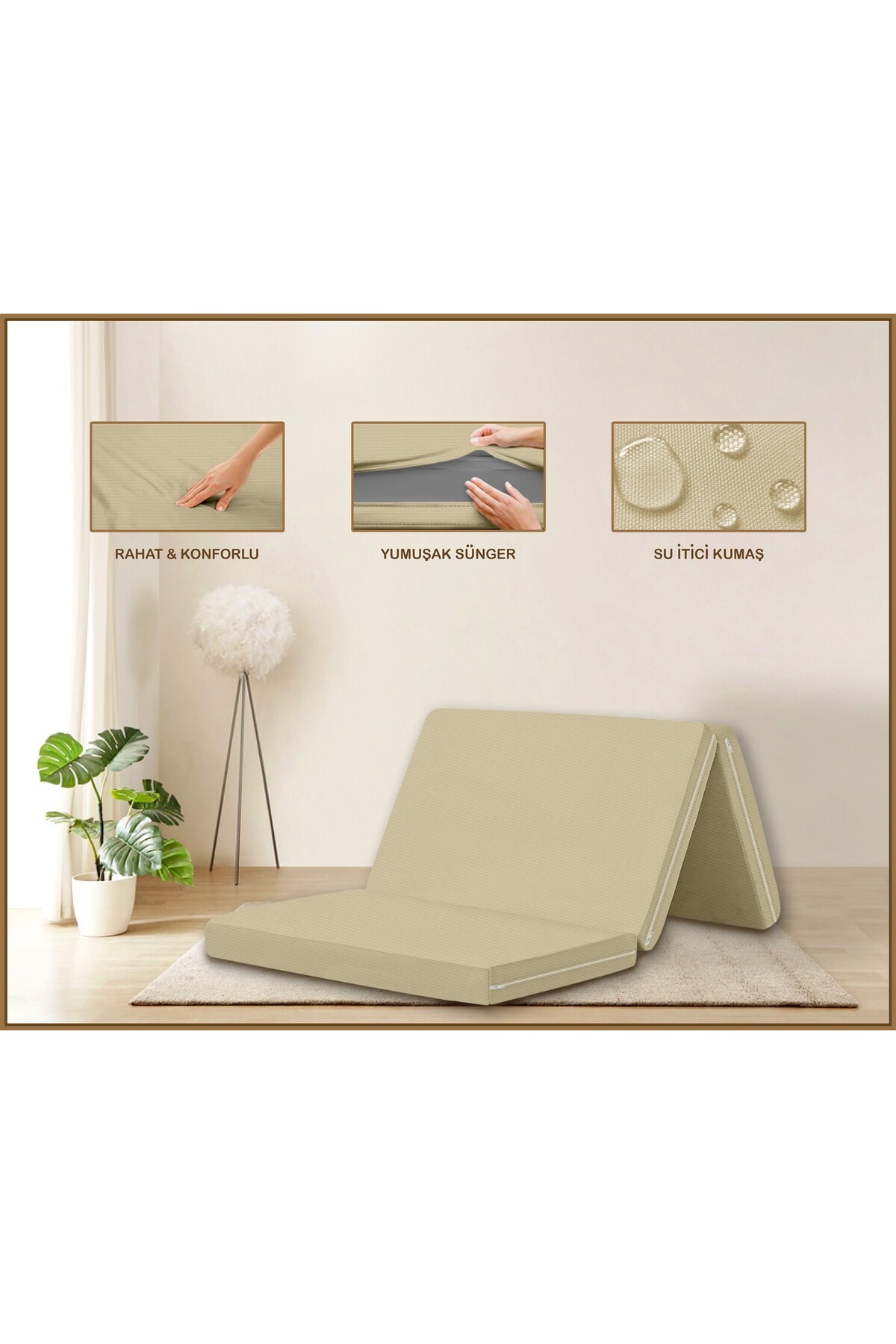 Canvas Açık Bej Fermuarlı Katlanabilir Yer Yatağı Yer Minderi 8cm