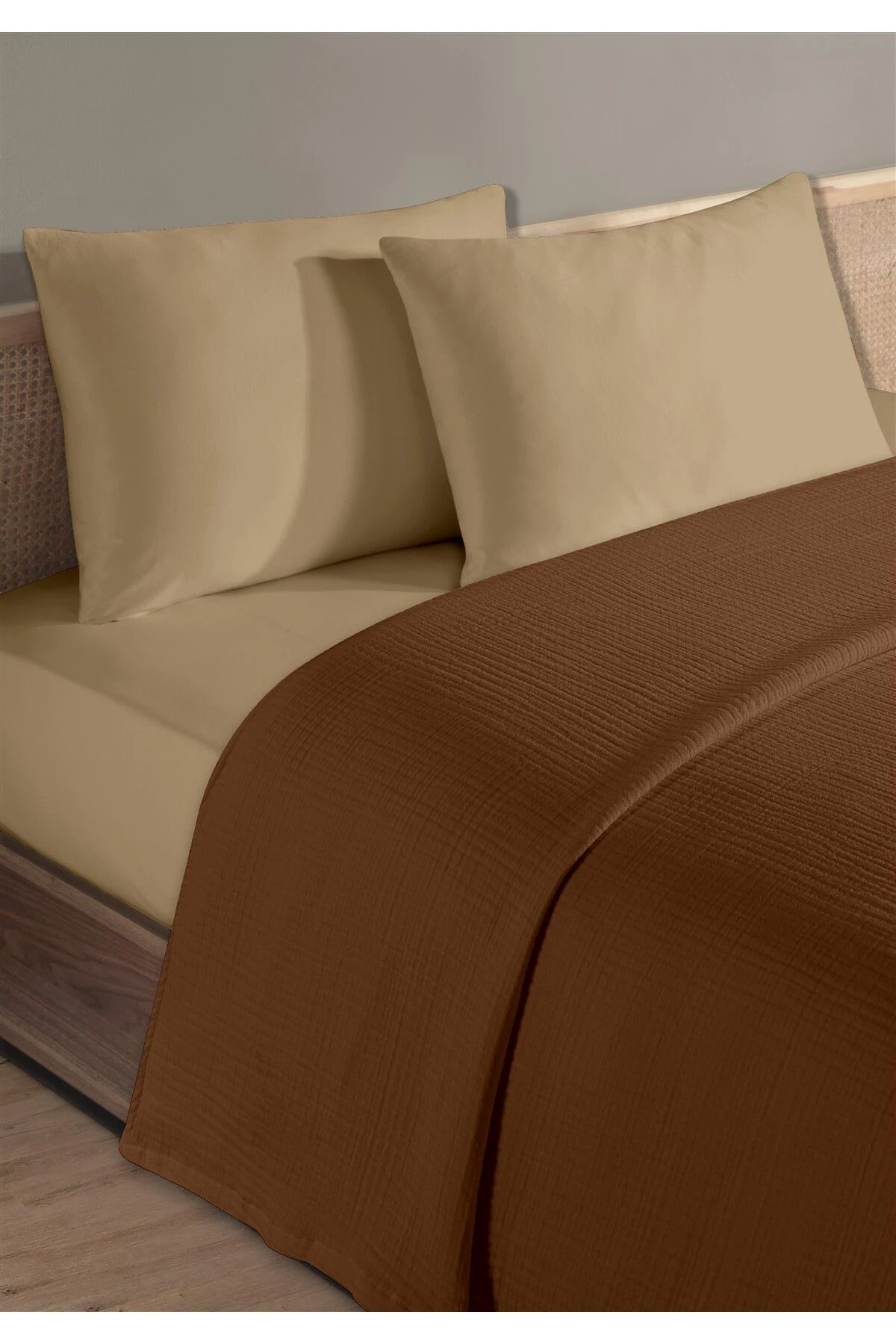 % 100 Doğal Pamuk 4 Kat Müslin Lüks Çift Kişilik Pike Takımı  200x230cm - Koyu Kahve