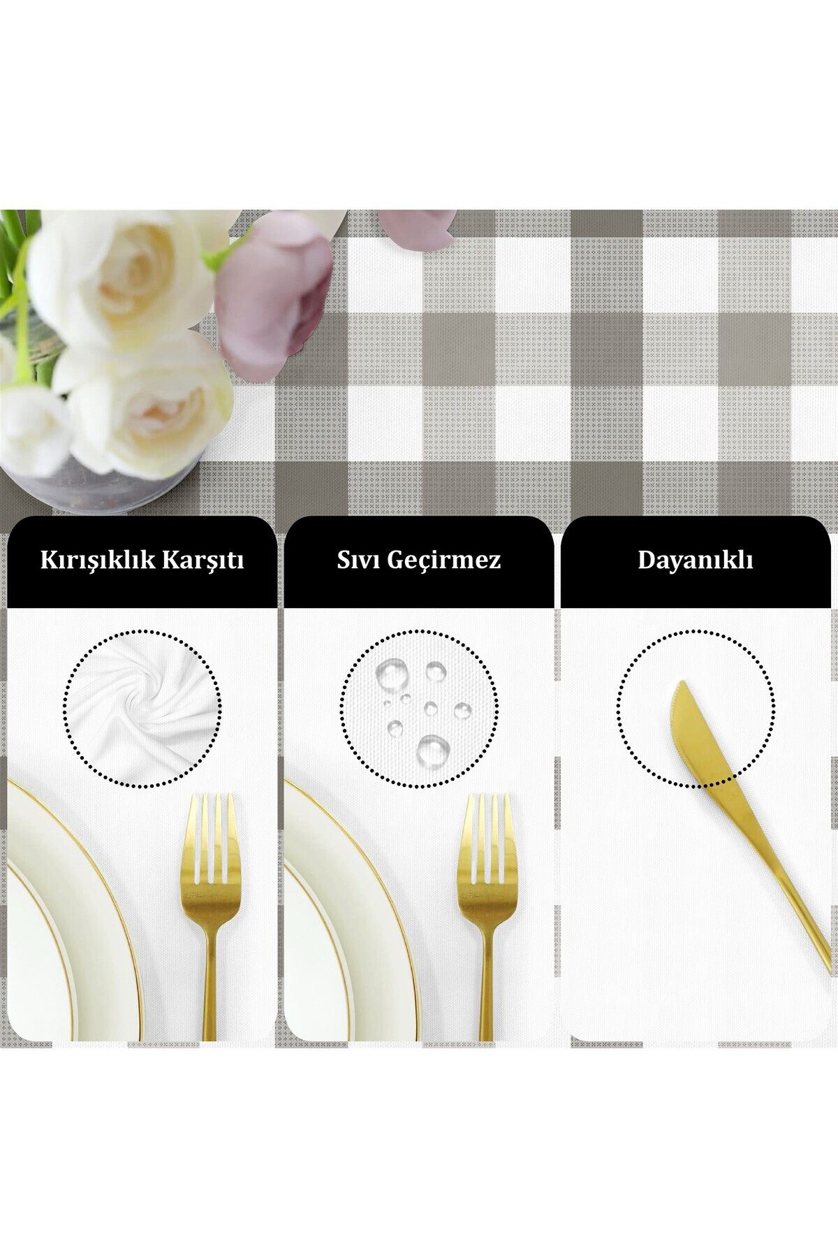 Canvas Kareli Sıvı Geçirmez Leke Tutmaz Masa Örtüsü