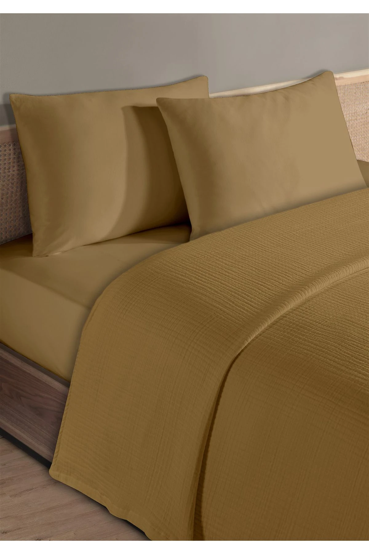 % 100 Doğal Pamuk 4 Kat Müslin Lüks Tek Kişilik Pike Takımı 160x230cm - Hardal