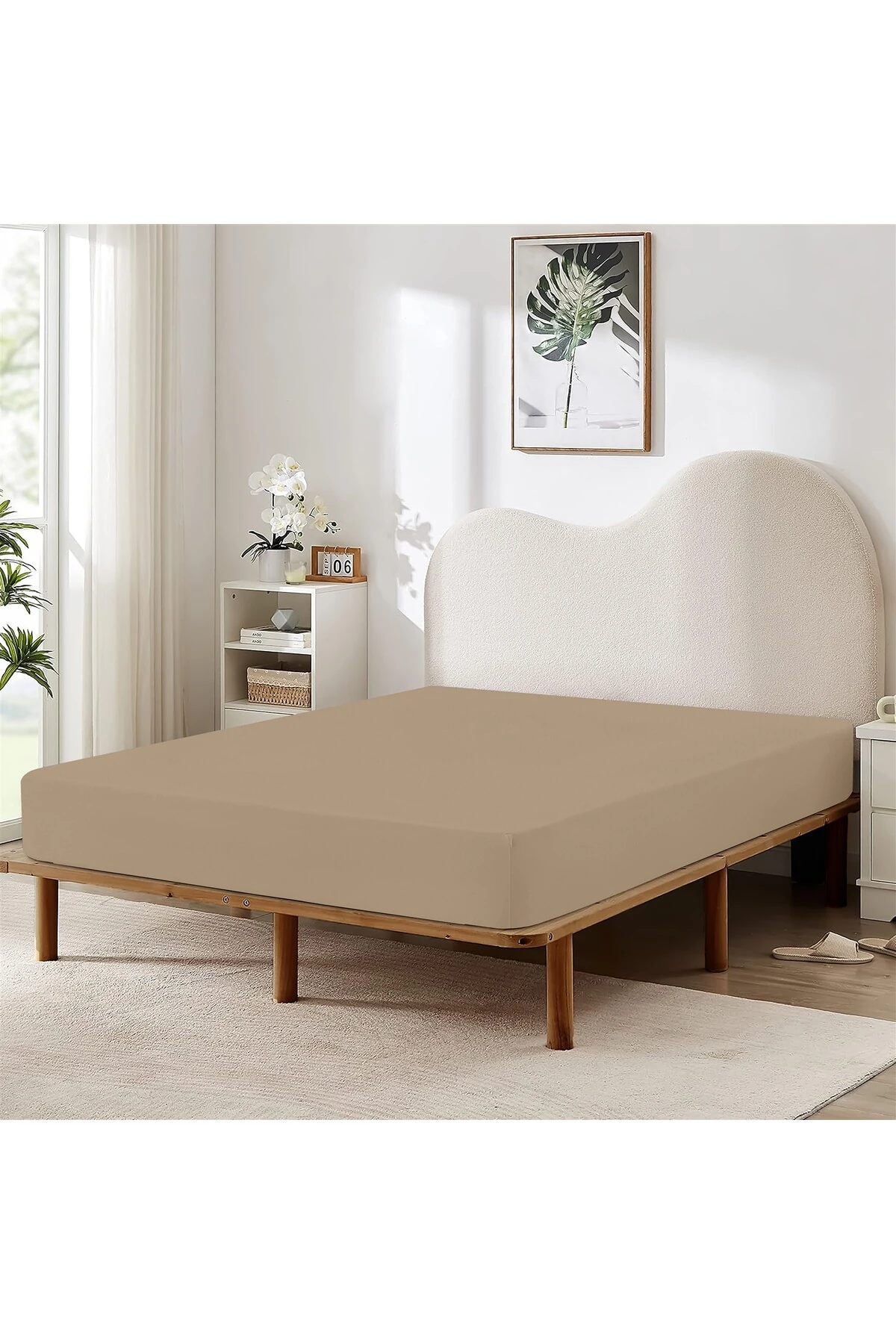 %100 Pamuk Penye Lastikli Çarşaf - Bej