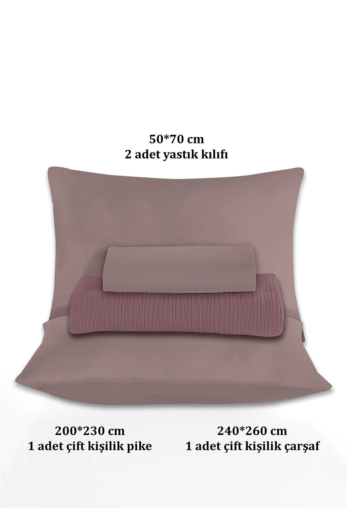 % 100 Doğal Pamuk 4 Kat Müslin Lüks Çift Kişilik Pike Takımı  200x230cm - Gül Kurusu