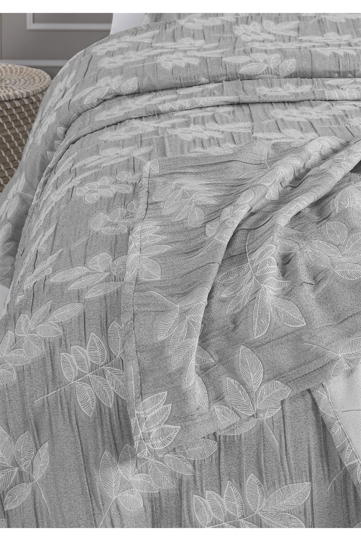 Dolgulu Jakarlı Yatak Örtüsü Seti Çift Kişilik Bej 230x240 cm - hexi̇a gri̇