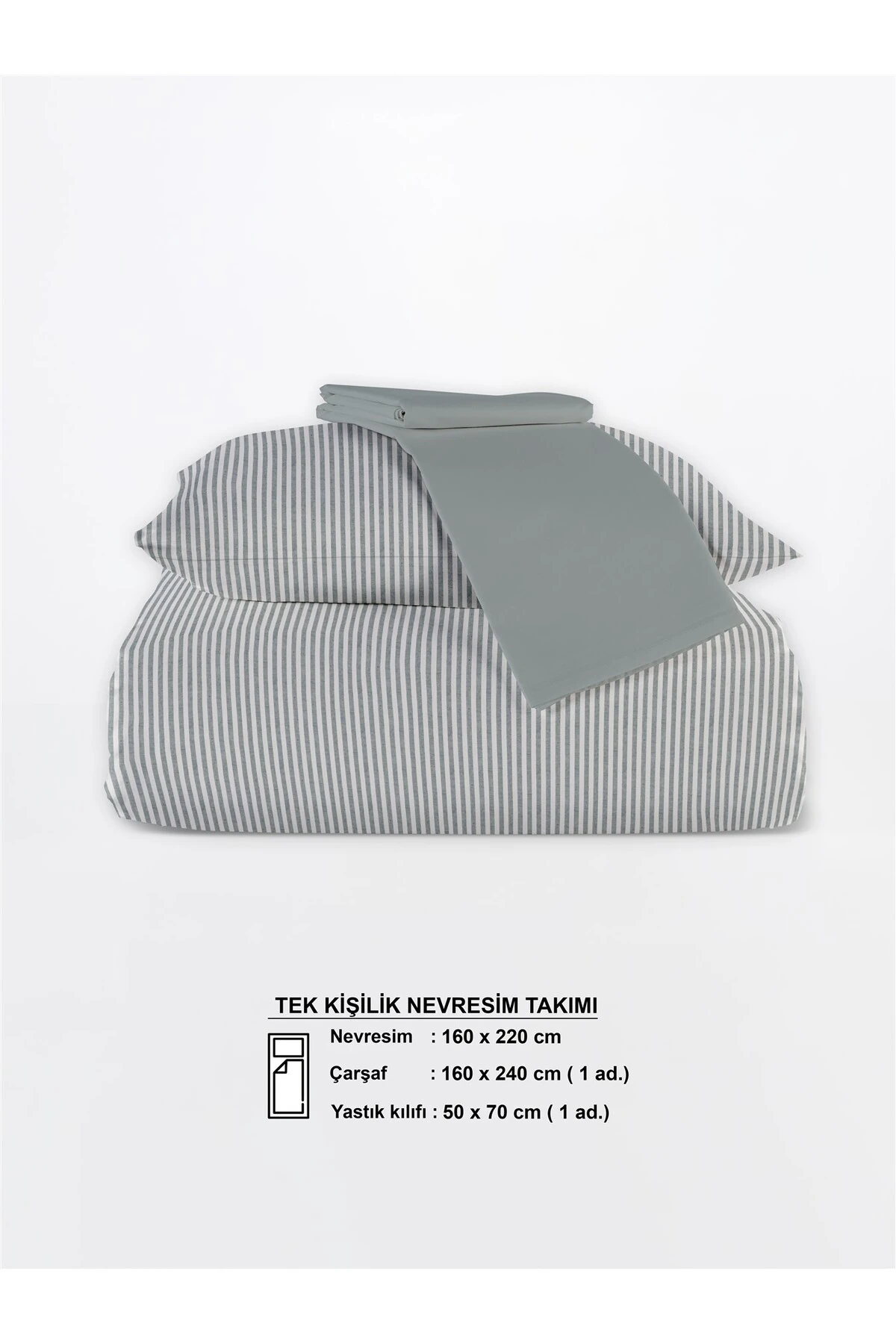 Striped %100 Pamuk Ranforce Yezra Ipliği Boyalı Nevresim Takımı Tek Kişilik - 160x220 cm - Koyu Gri̇