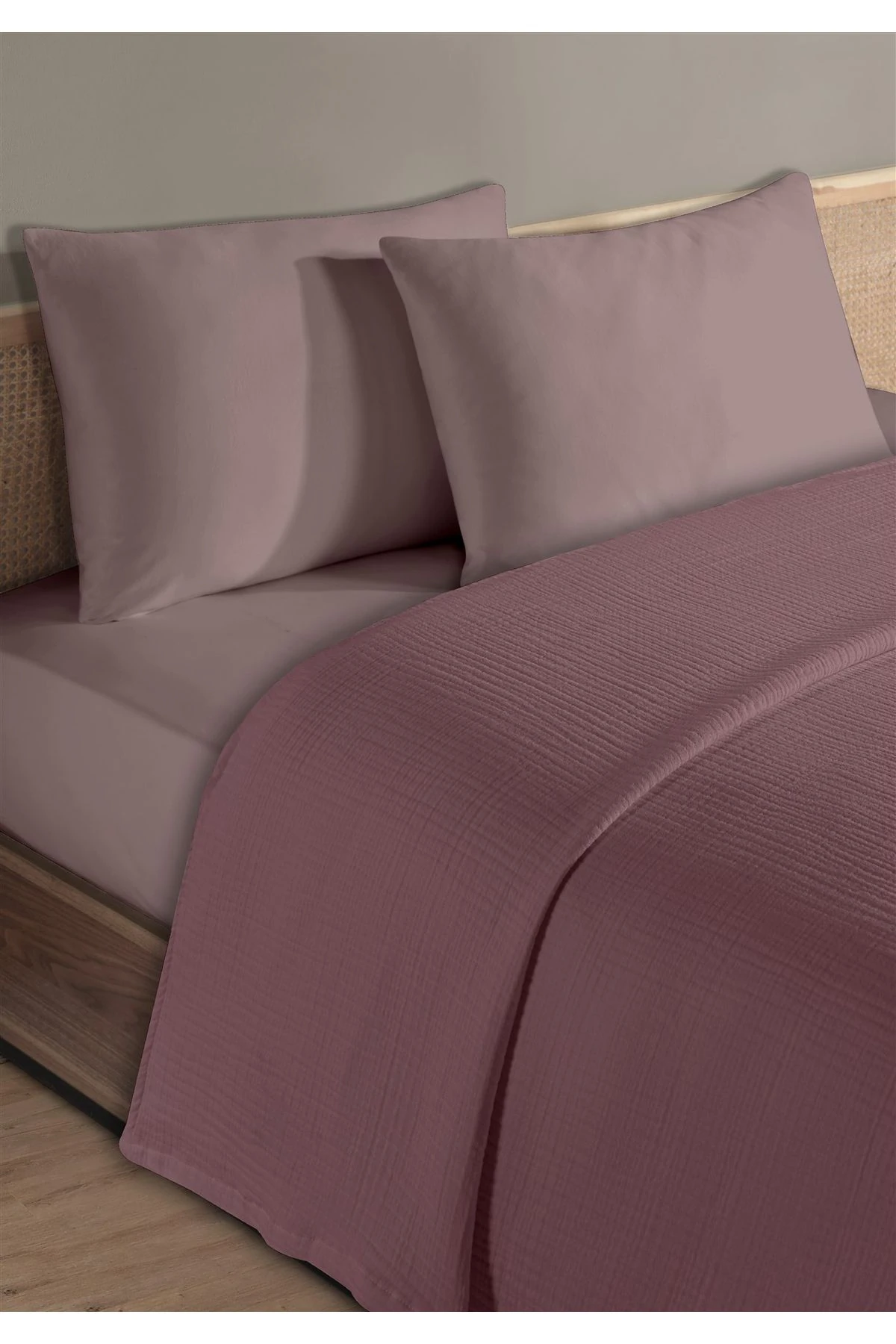 % 100 Doğal Pamuk 4 Kat Müslin Lüks Tek Kişilik Pike Takımı 160x230cm - Gül Kurusu