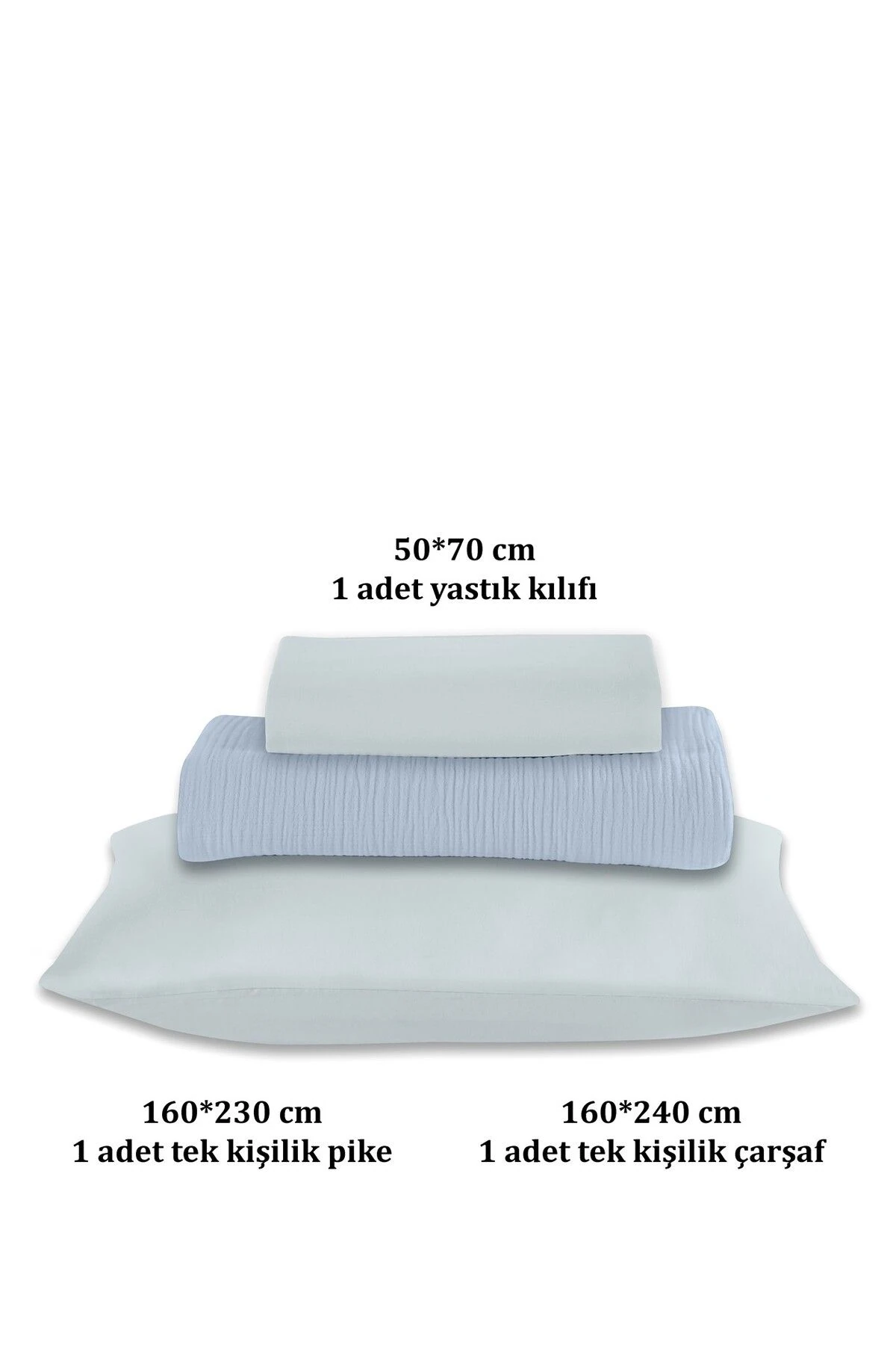 % 100 Doğal Pamuk 4 Kat Müslin Lüks Tek Kişilik Pike Takımı 160x230cm - Açık Mavi̇